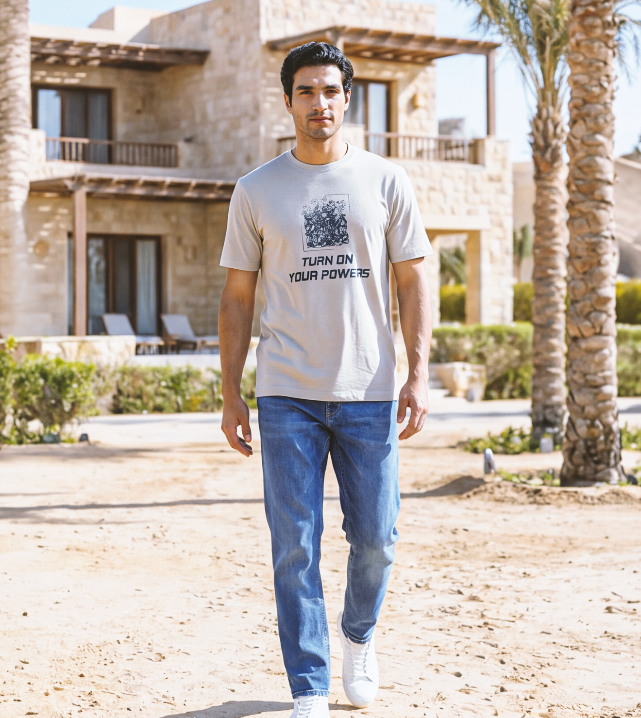 Men "Turn On Your Powers" Motivational Cotton Tee in Silver
