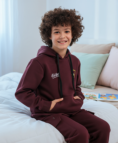 Boys’ Maroon Hoodie Pajama Set with Cartoon Back Print