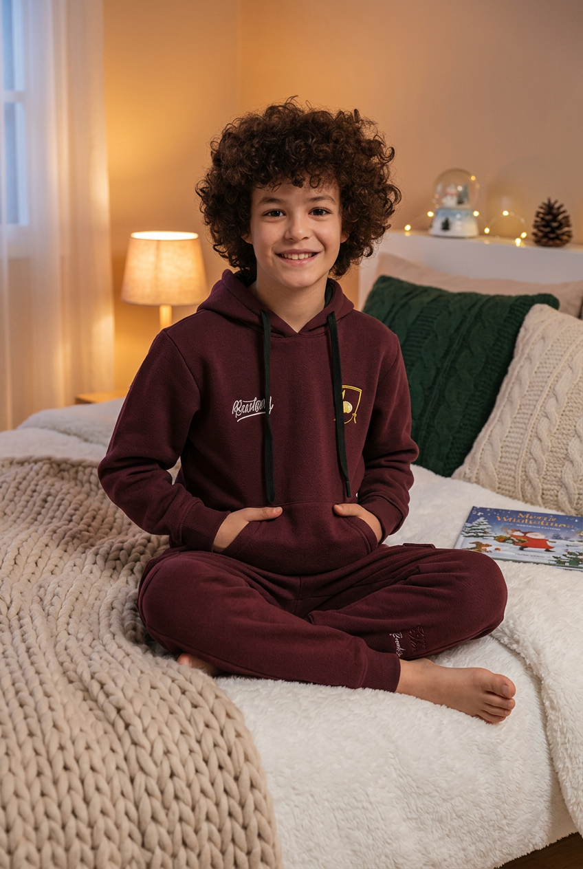Boys’ Maroon Hoodie Pajama Set with Cartoon Back Print