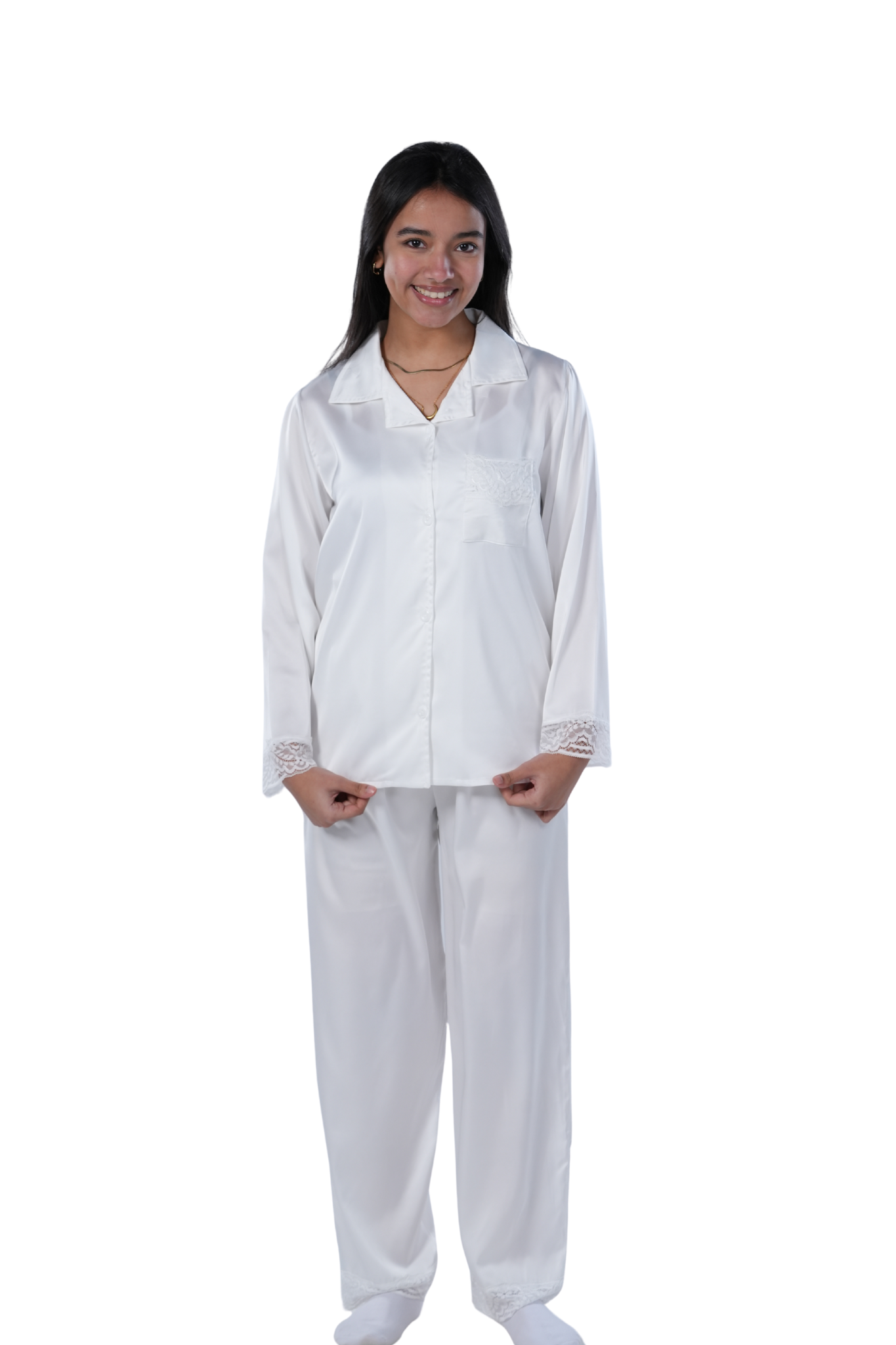 Elegant White Satin Pajama Set with Lace Trim