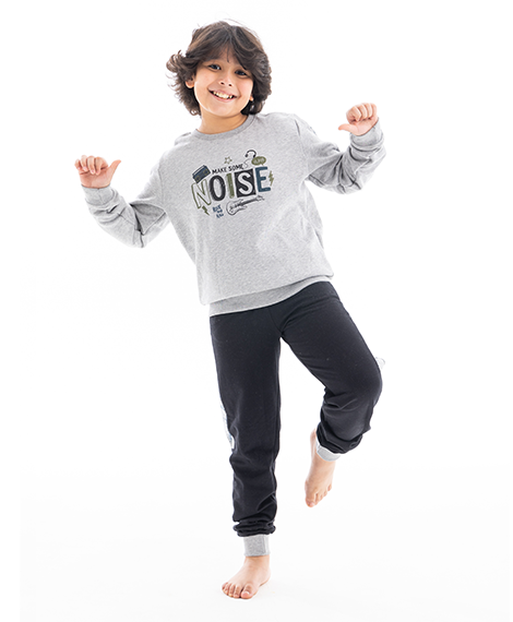 "Red Cotton Boys' Grey Printed Crew Neck Shirt and Navy Blue Pants Set - Cozy Winter Loungewear"