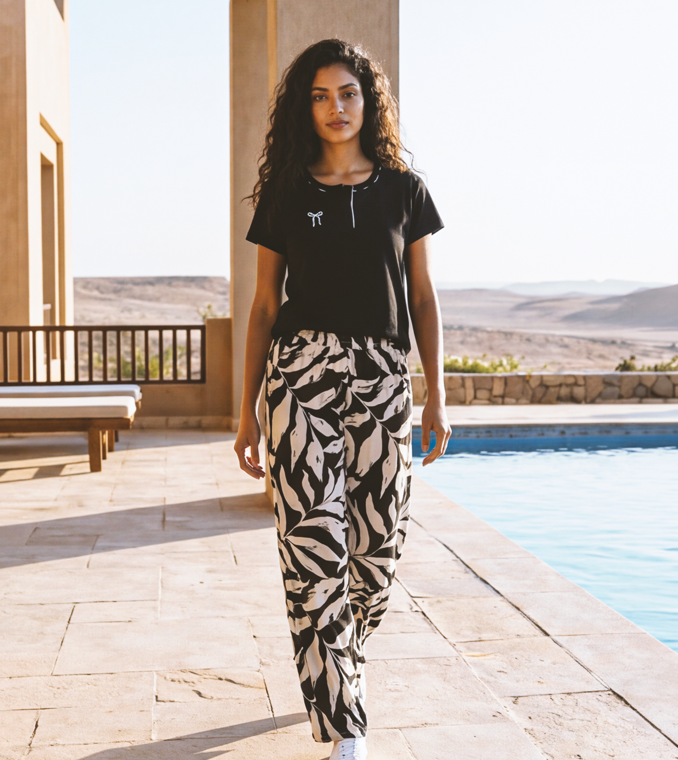 Women Black Henley Cotton Pajama Pants Set