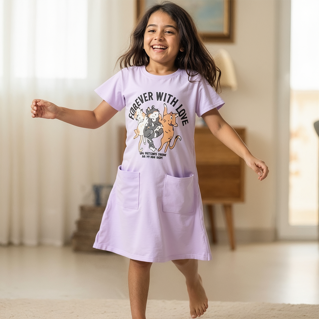Girls' Cotton Short Dress "Forever with love" - Purple