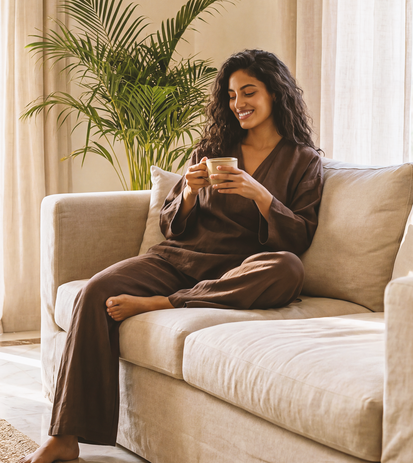 Women Lounge Set Wide-Legs Linen in Rich Brown