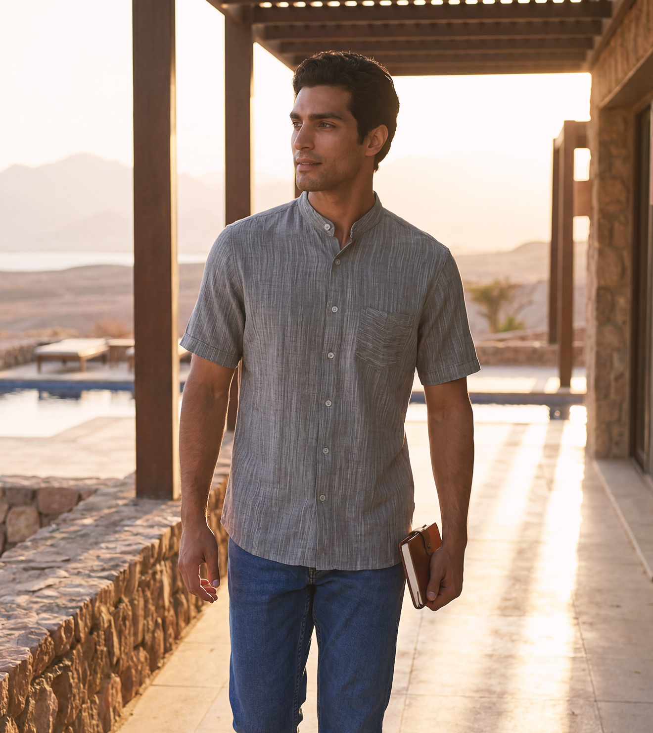 Men Linen Shirt | Short-Sleeve Mandarin Collar in Charcoal Grey