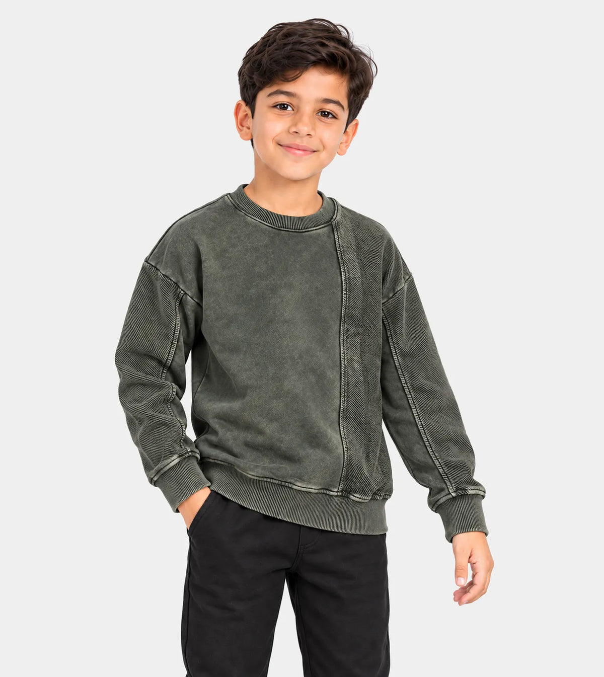 Boys’ Olive Green Garment-Dyed Diagonal Crewneck Sweatshirt | Red Cotton
