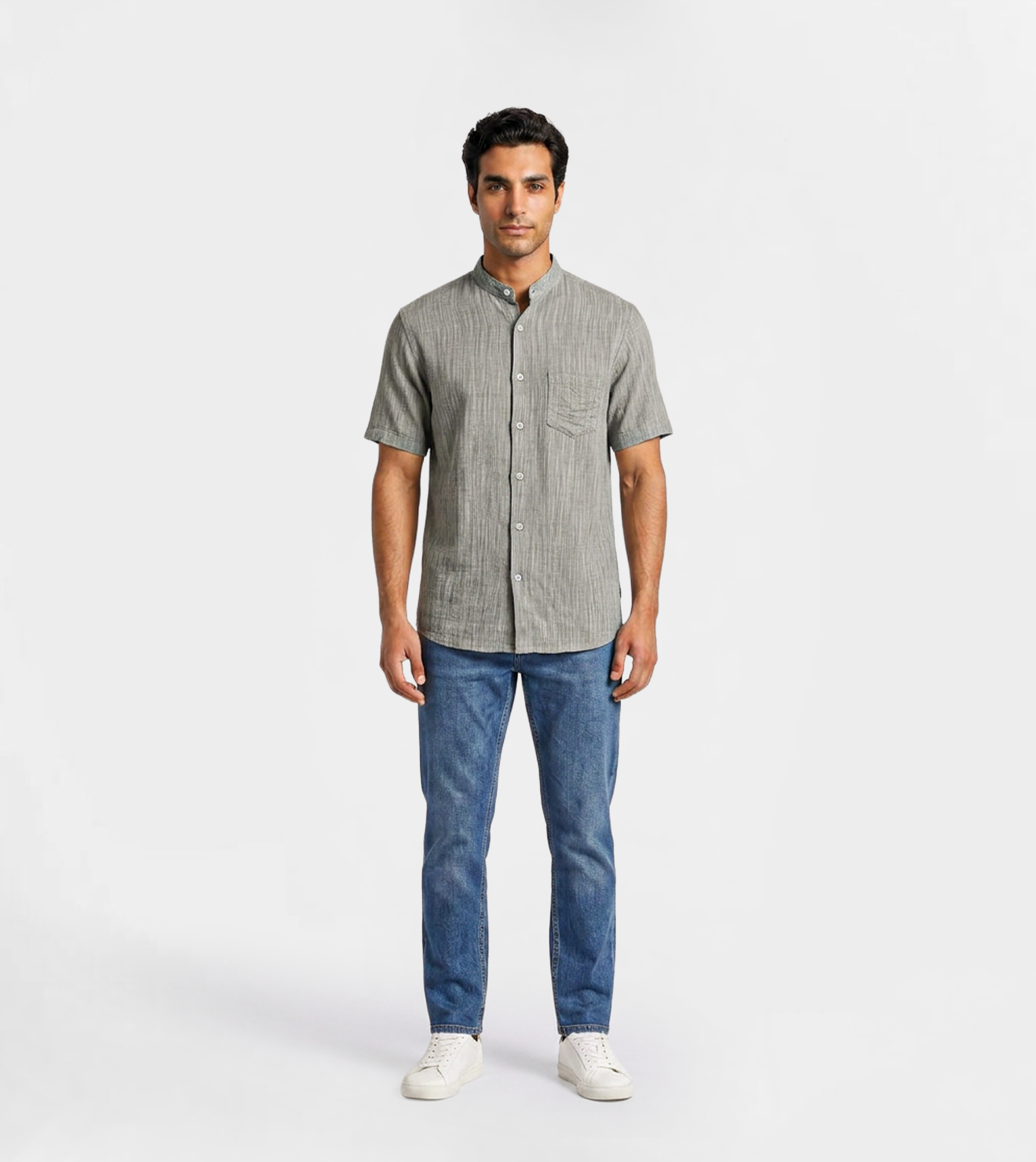 Men Linen Shirt | Short-Sleeve Mandarin Collar in Charcoal Grey