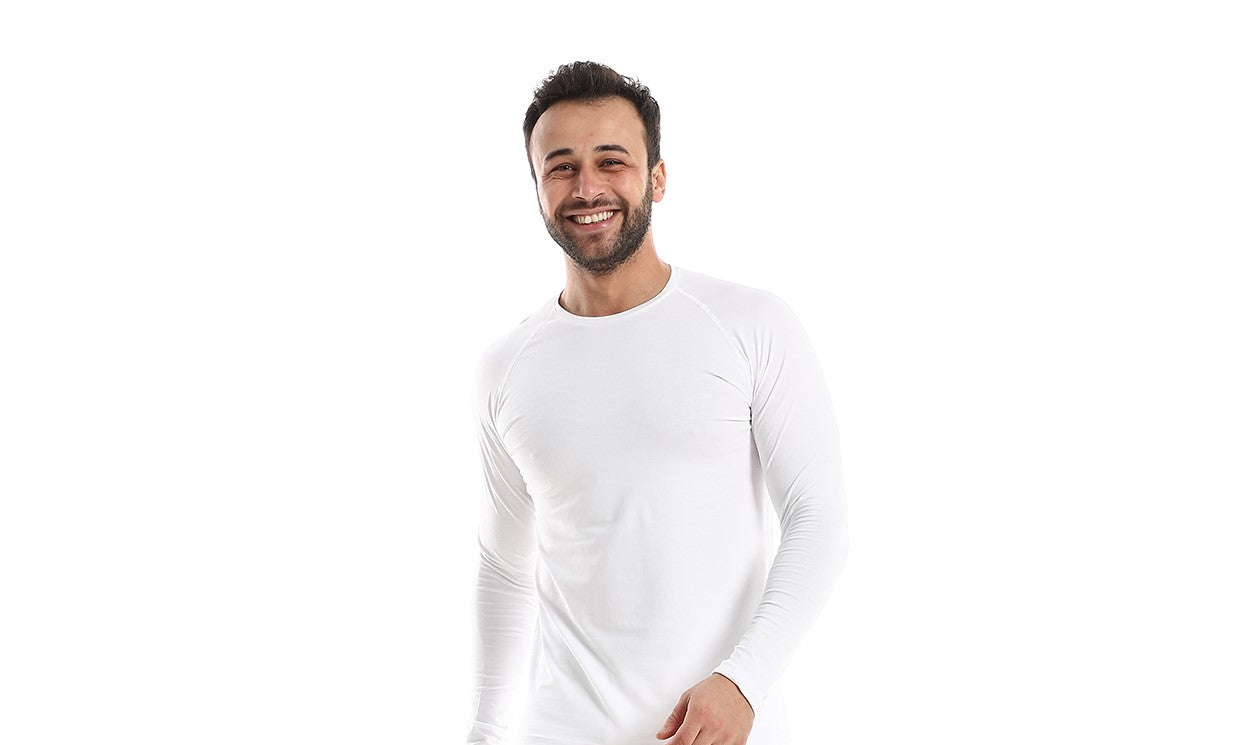 قميص داخلي رجالي من القطن باللون الأحمر بأكمام طويلة - أبيض