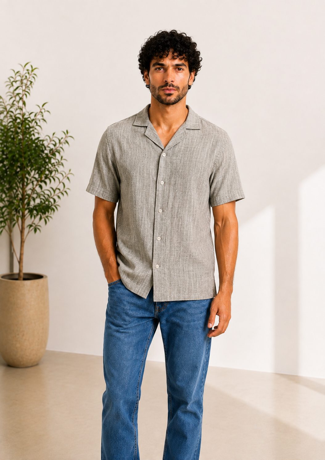 Men Short-Sleeve Camp Collar Linen Shirt in Charcoal Grey