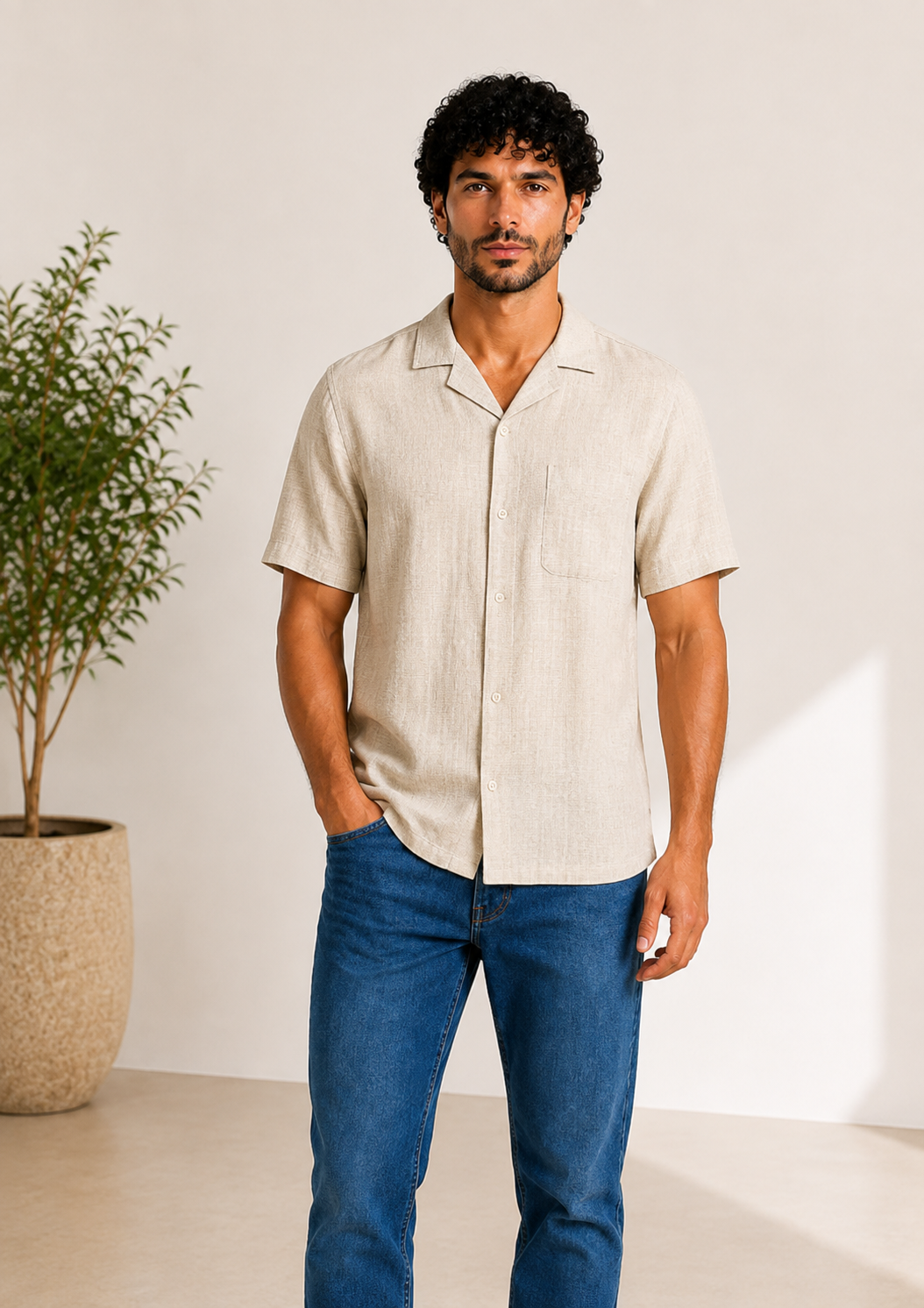 Men Relaxed Short-Sleeve Linen Shirt in Beige