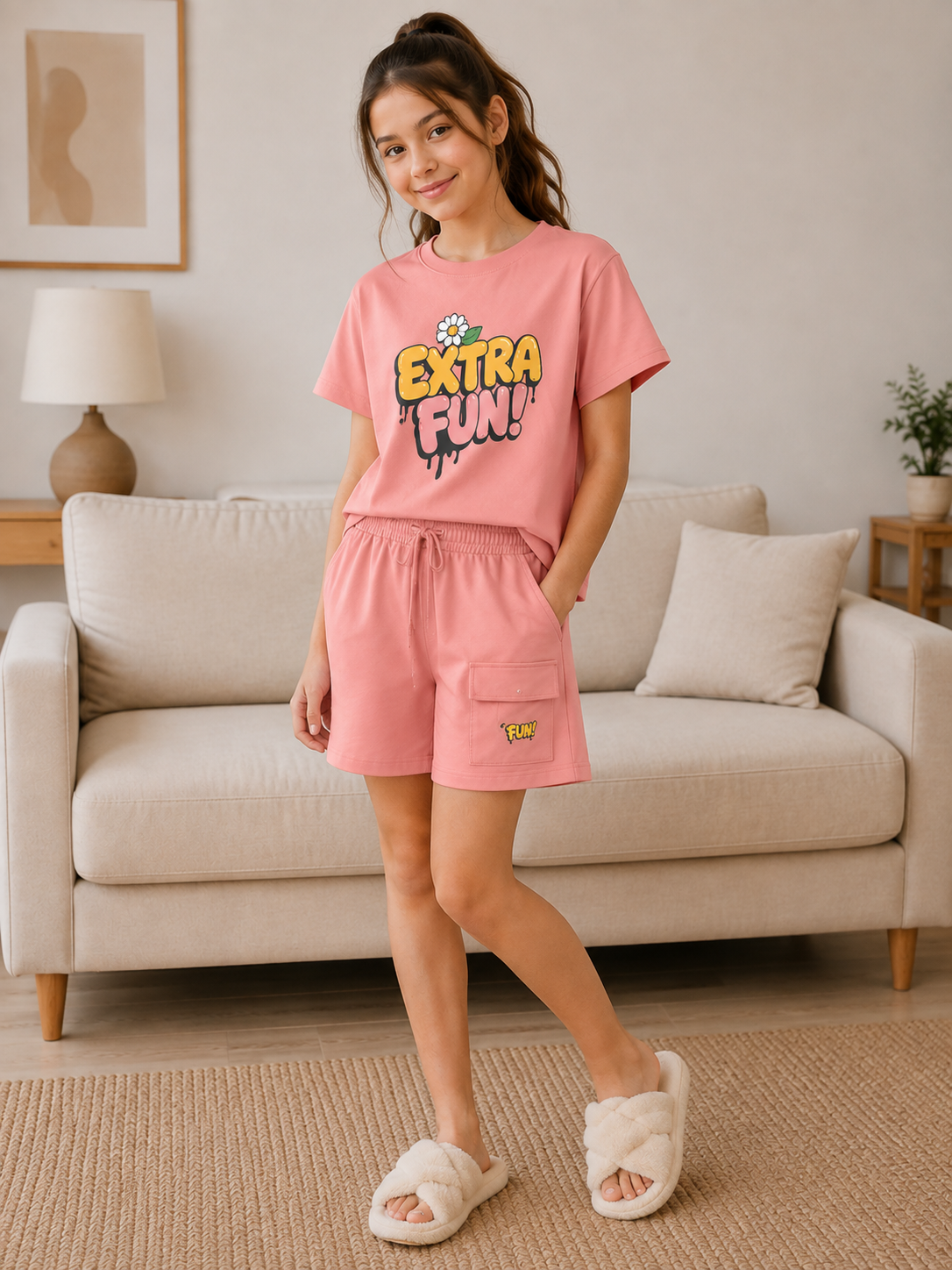 Girls’ Cargo Shorts Set with Chest Print