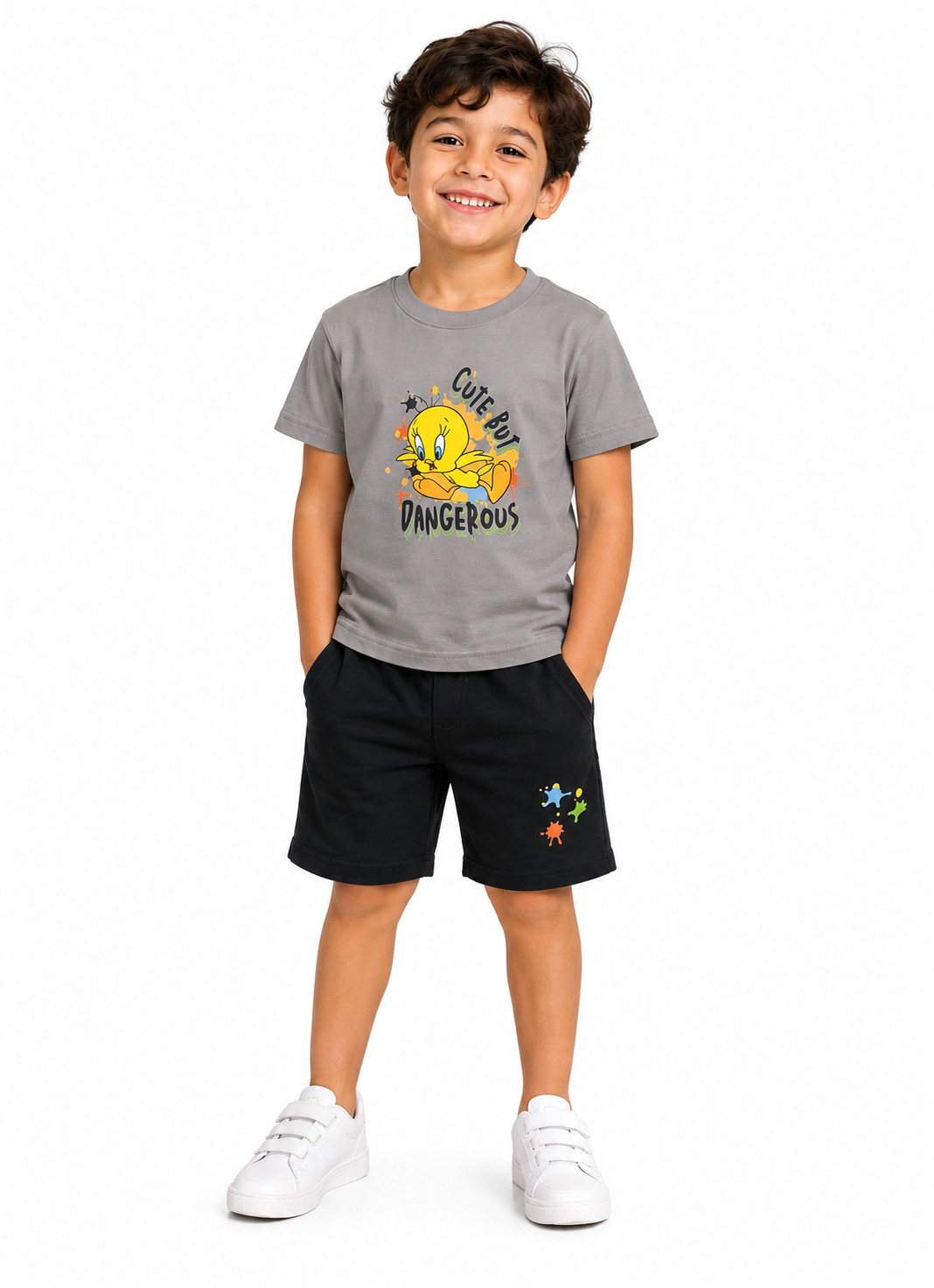 Boys Summer Milton Printed Pajama – Grey & Black