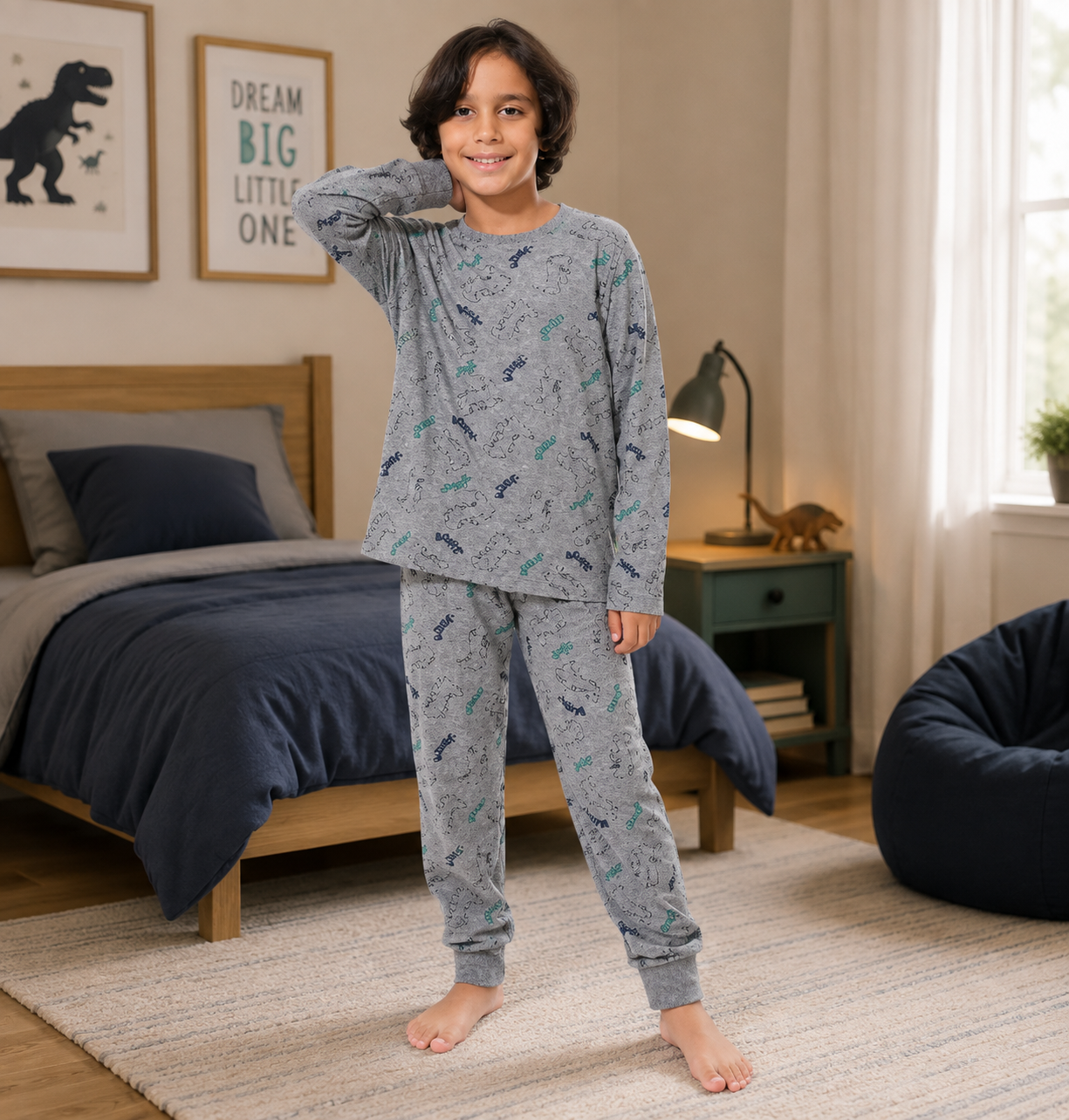 Boys’ Long Sleeve Pajama Set – Print in Soft Grey