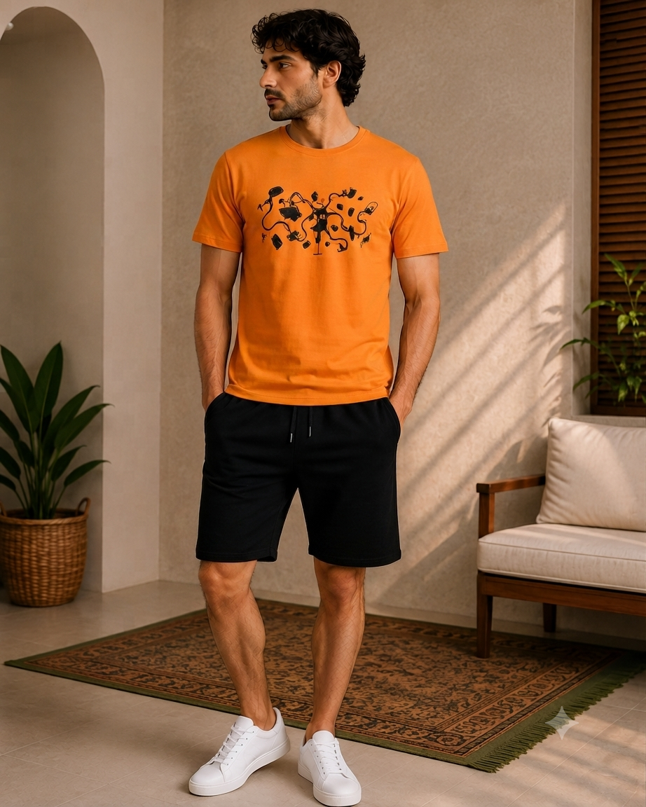 Men's Orange T-Shirt with Black Shorts Pajama Set