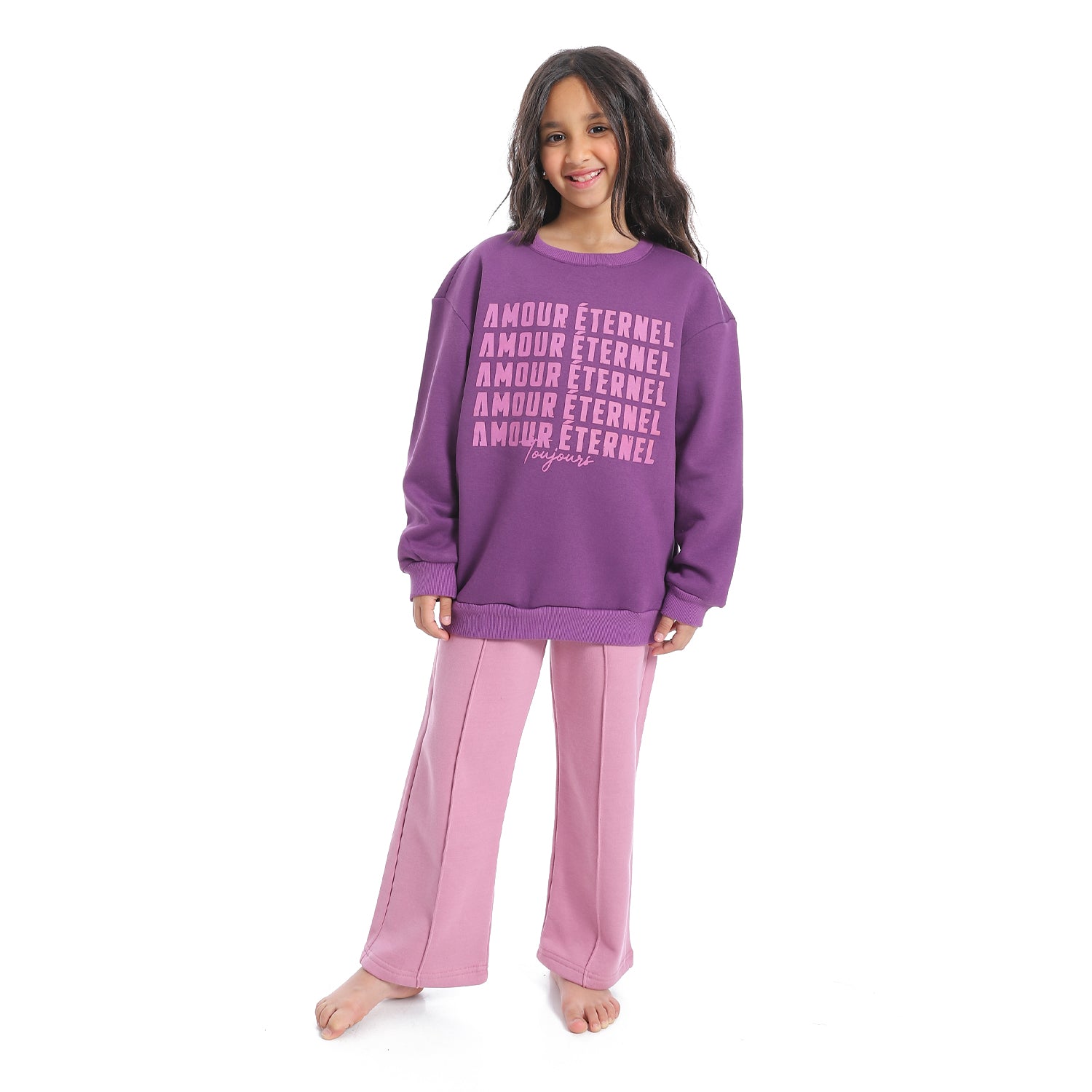 Cute Purple Winter Pajama Set with Wide Leg Trousers for Girls
