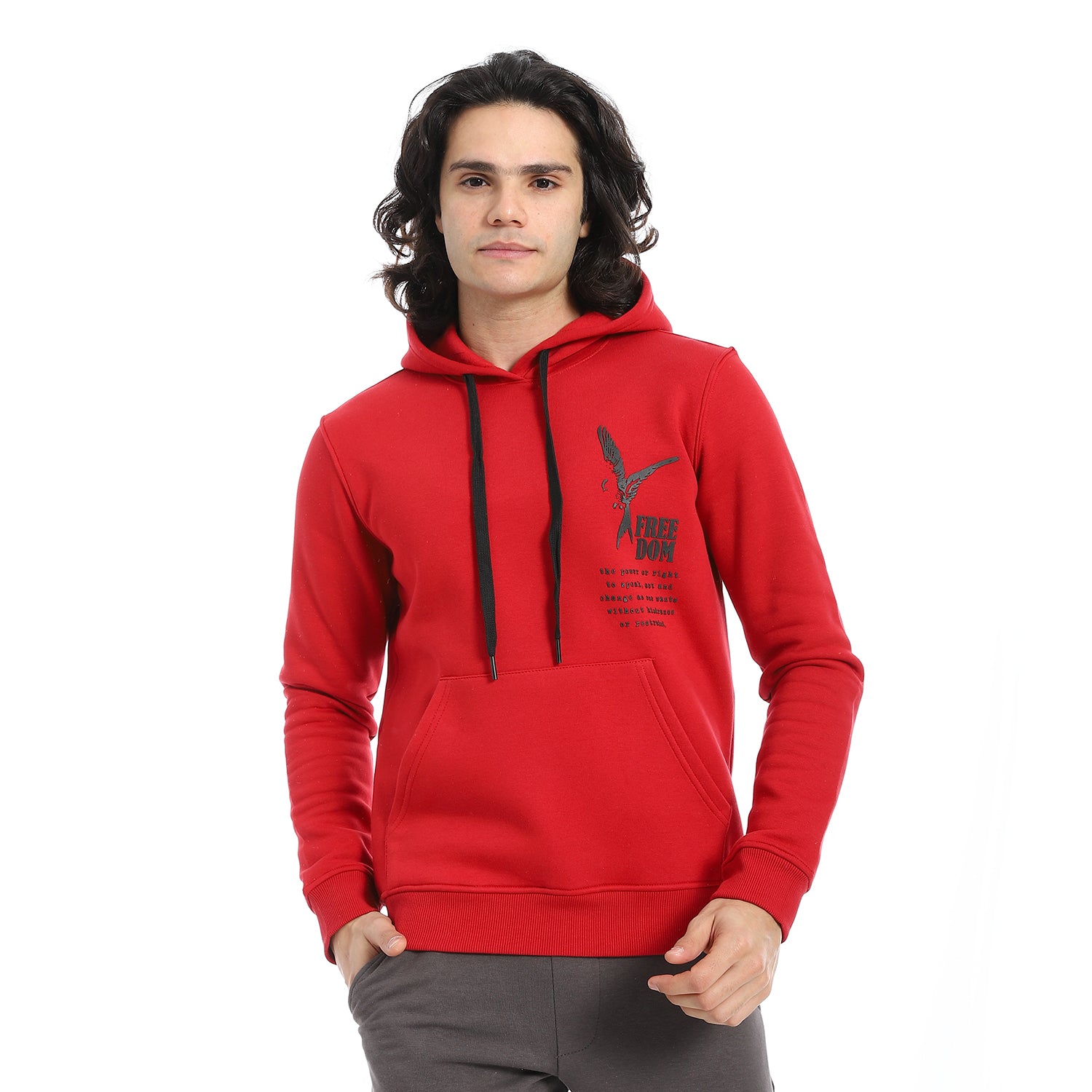 Red Cotton Hoodie With Printed - Red