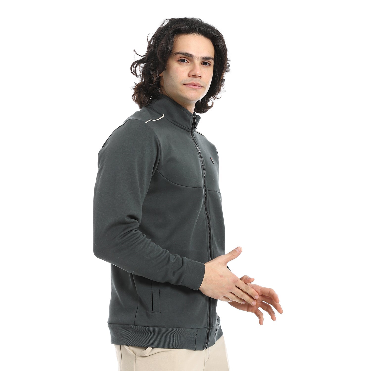 Men Sweatshirt - Mandarin Collar -Dark Green