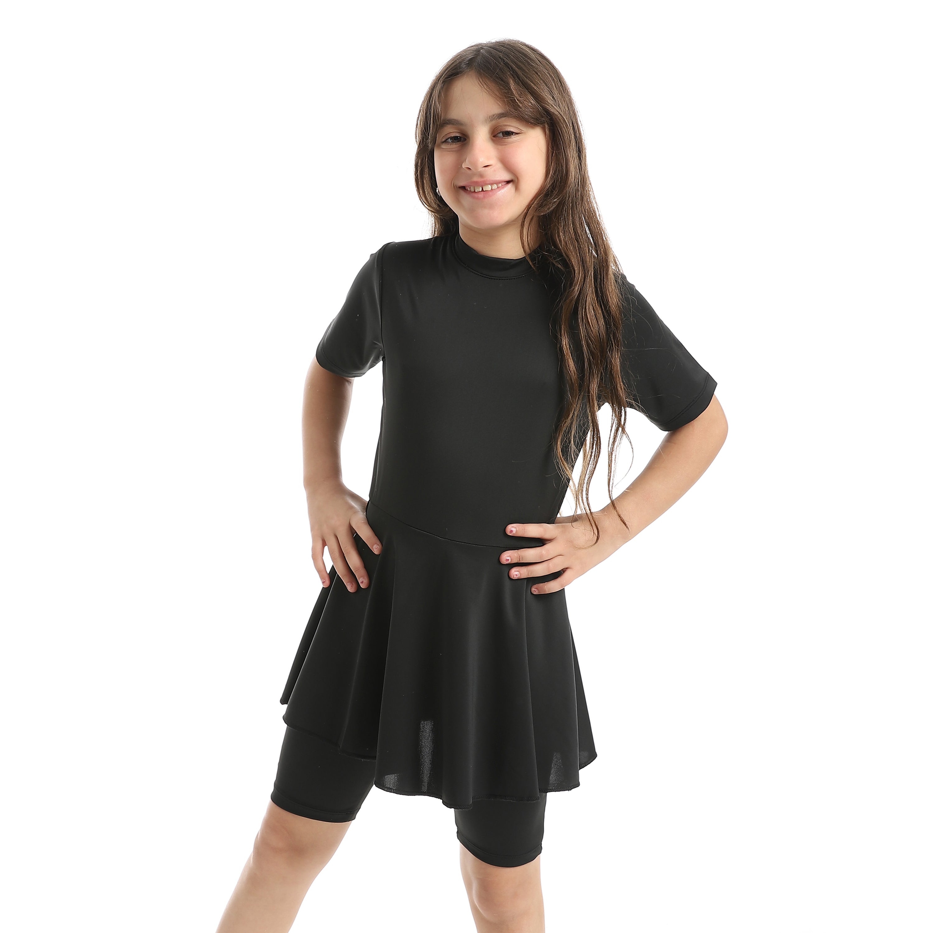 Girls’ Modest Swimwear Set – Short Sleeve Top with Shorts -Black