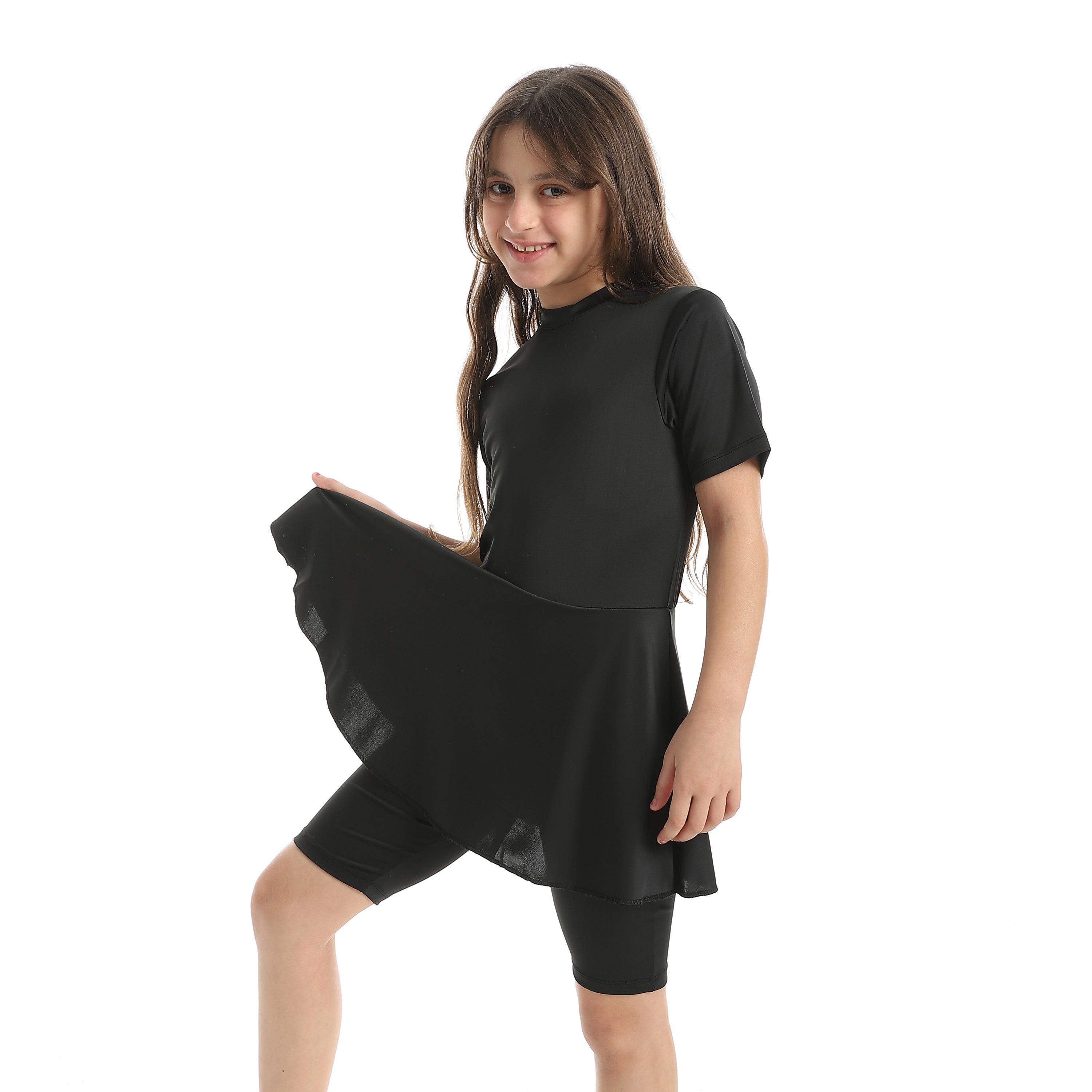 Girls’ Modest Swimwear Set – Short Sleeve Top with Shorts -Black