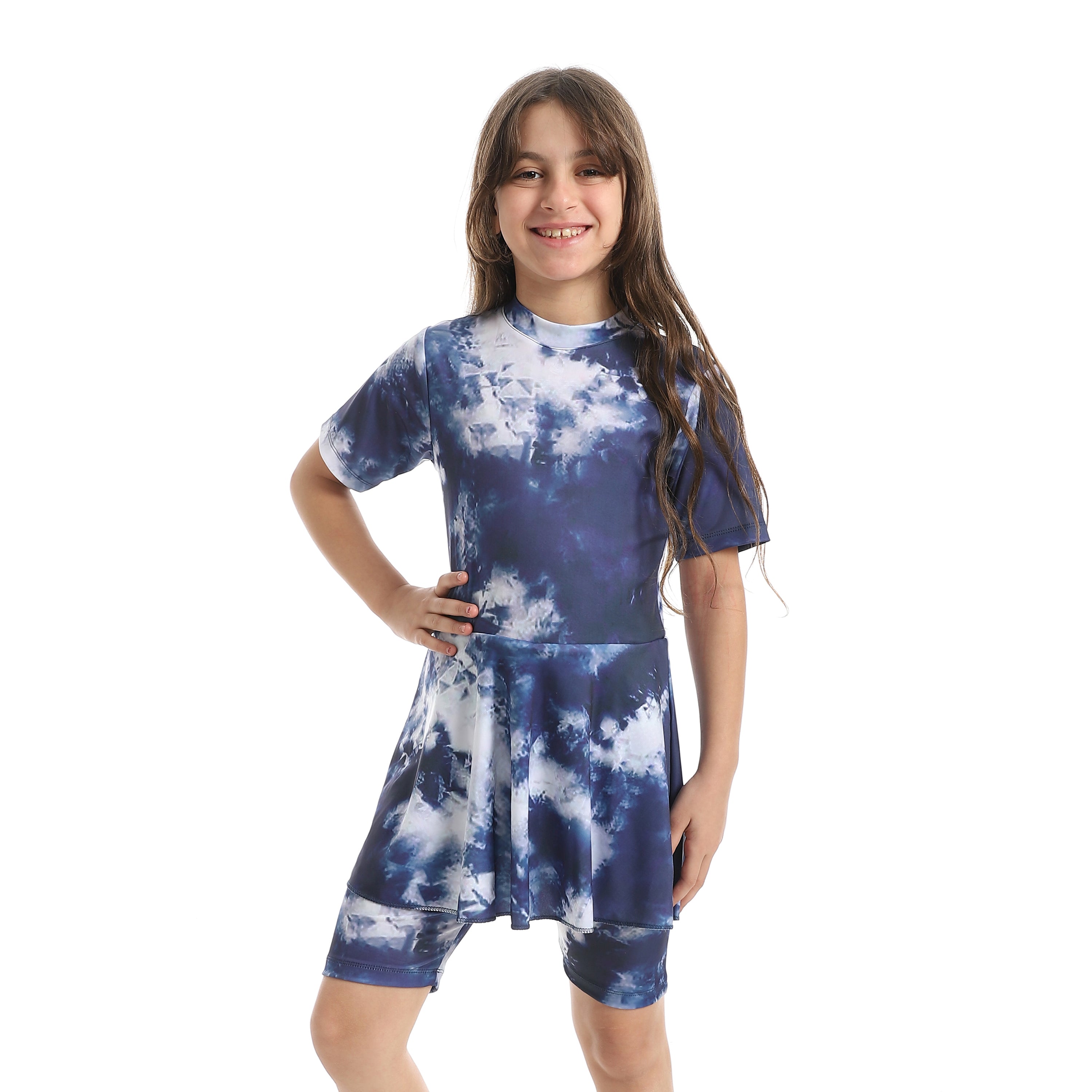 Girls’ Modest Swimwear Set – Short Sleeve Top with Shorts -Navy