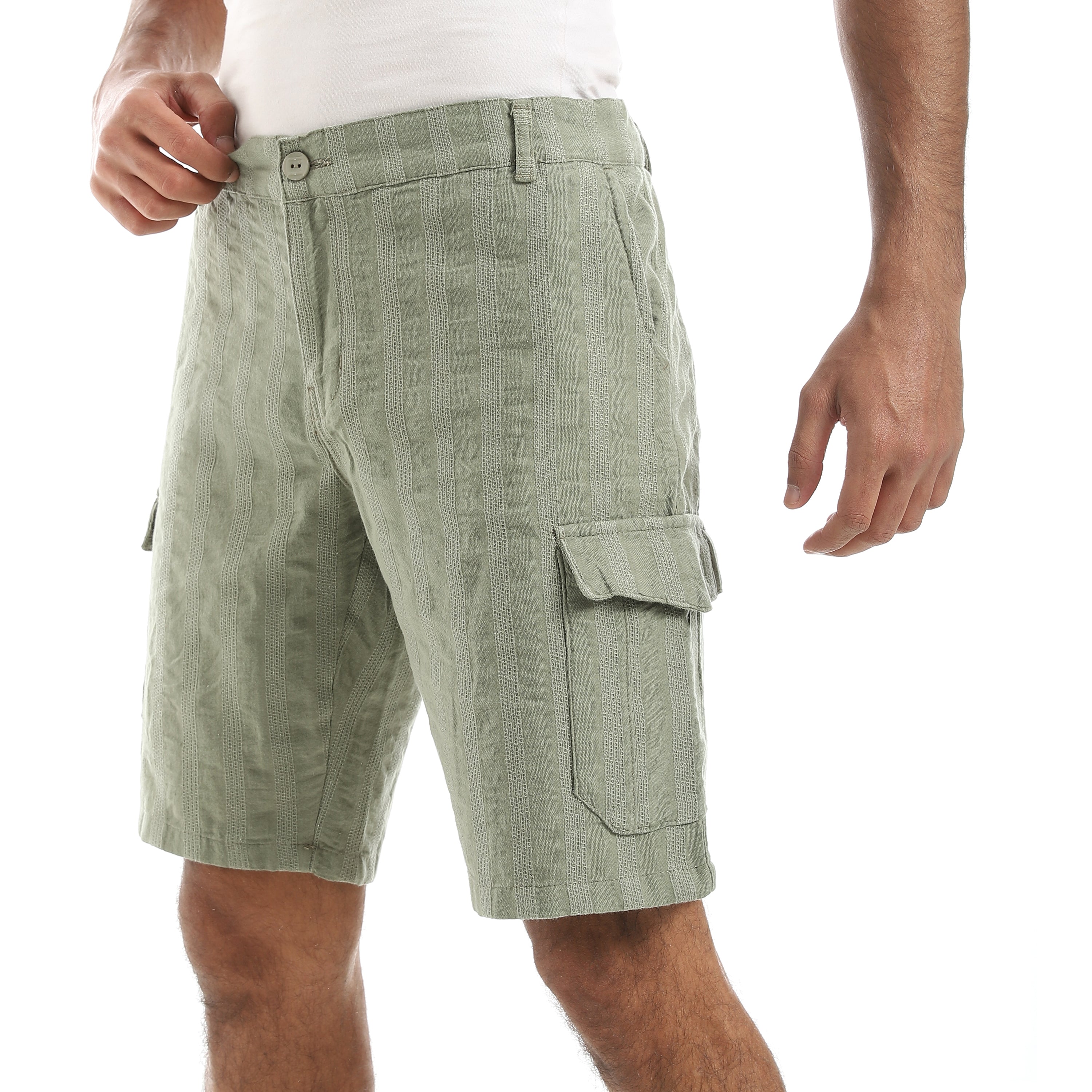 Men’s Striped Cotton-Linen Cargo Shorts – Light Olive