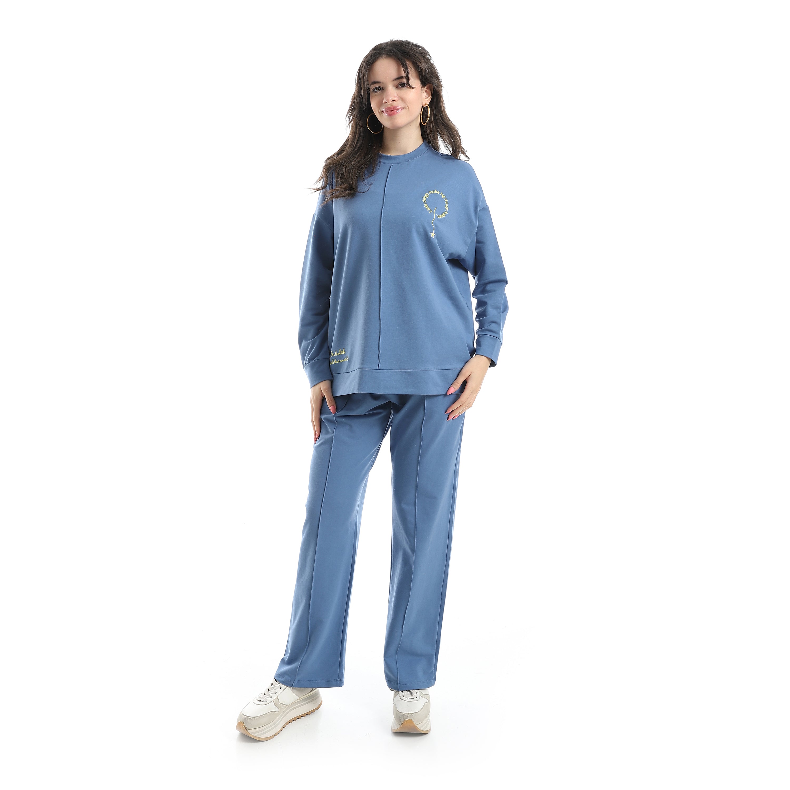 Women’s Blue Embroidered Activewear Set – Sweatshirt & Pants