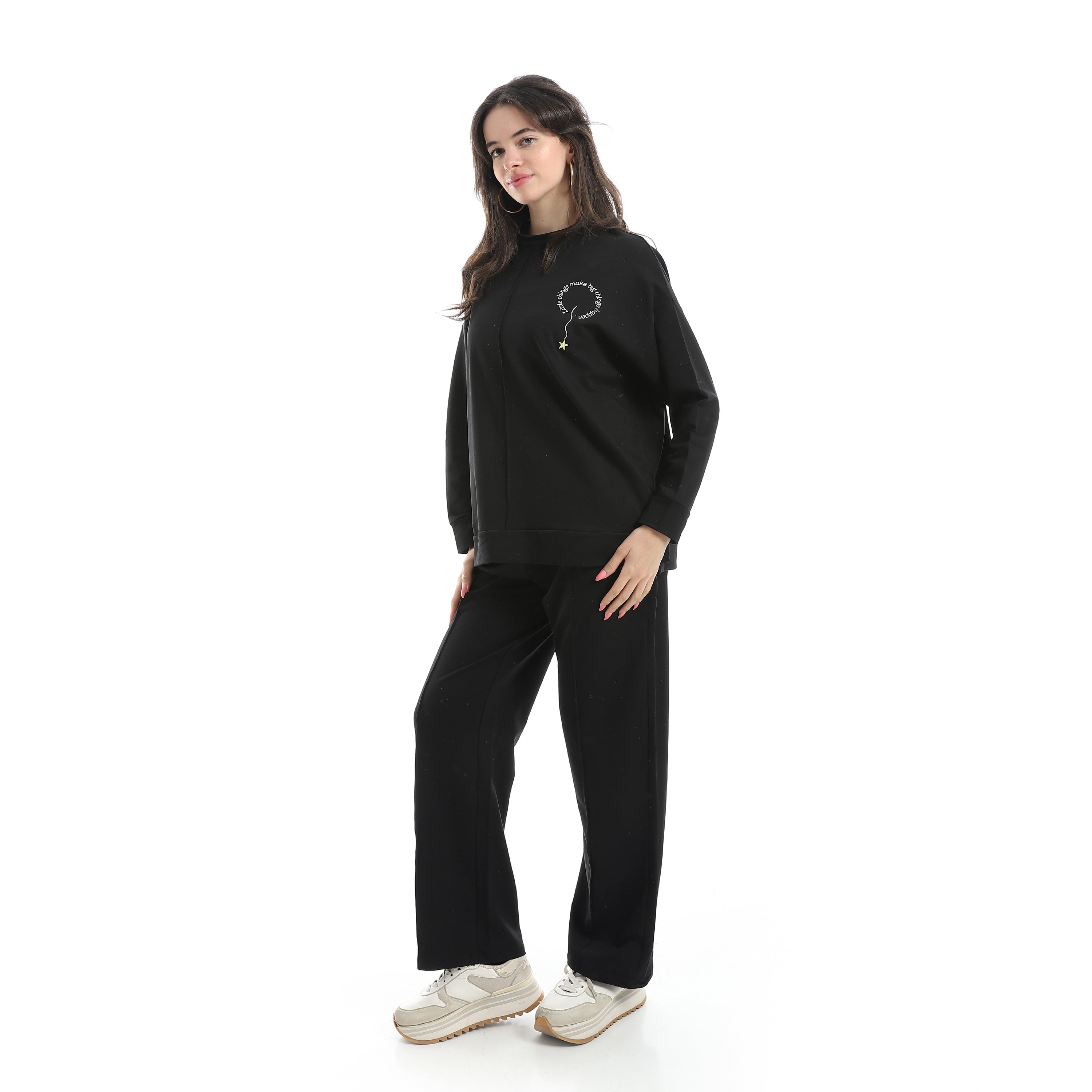 Women’s Black Embroidered Activewear Set – Sweatshirt & Pants