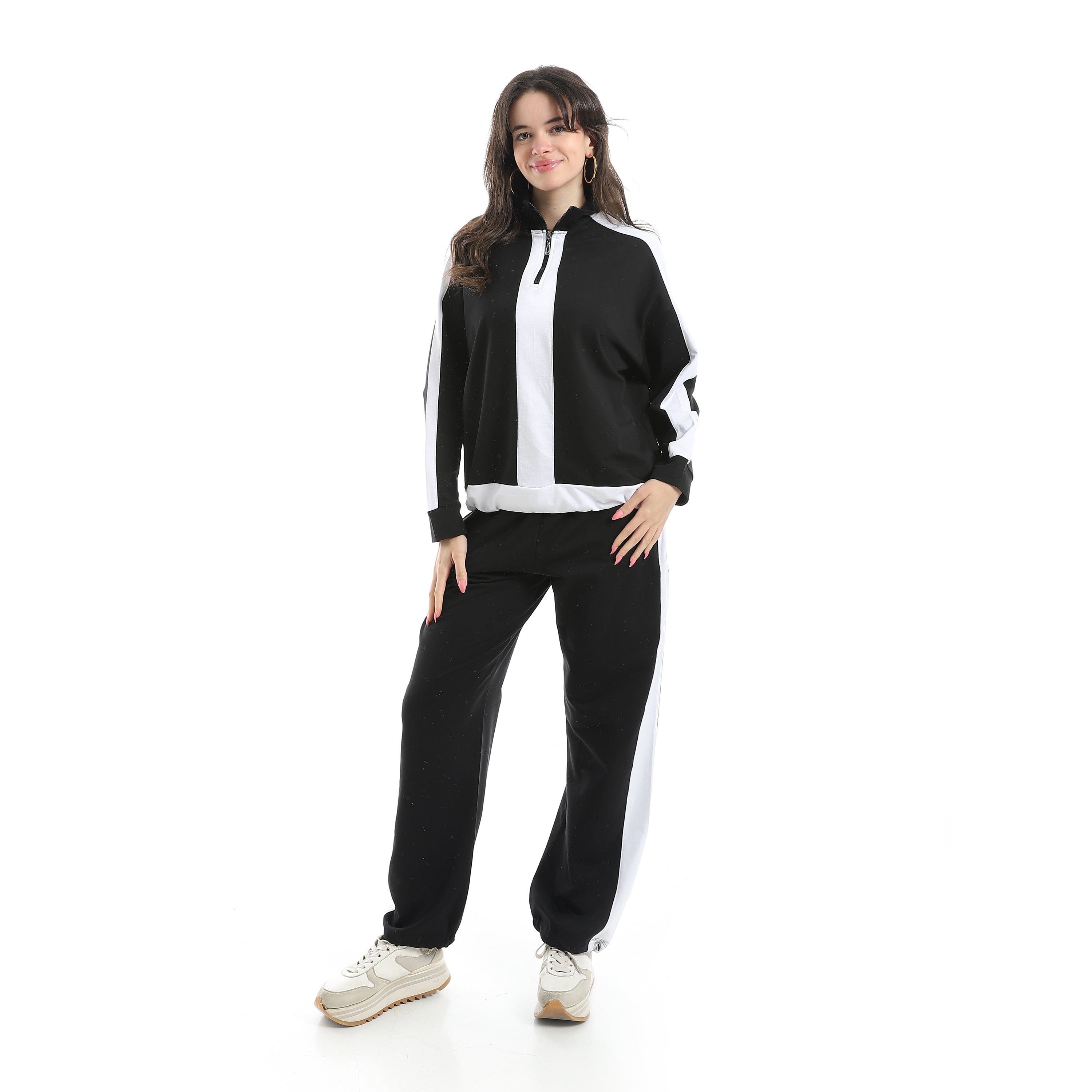 Women's Two-Tone Zip-Up Tracksuit – Black & White