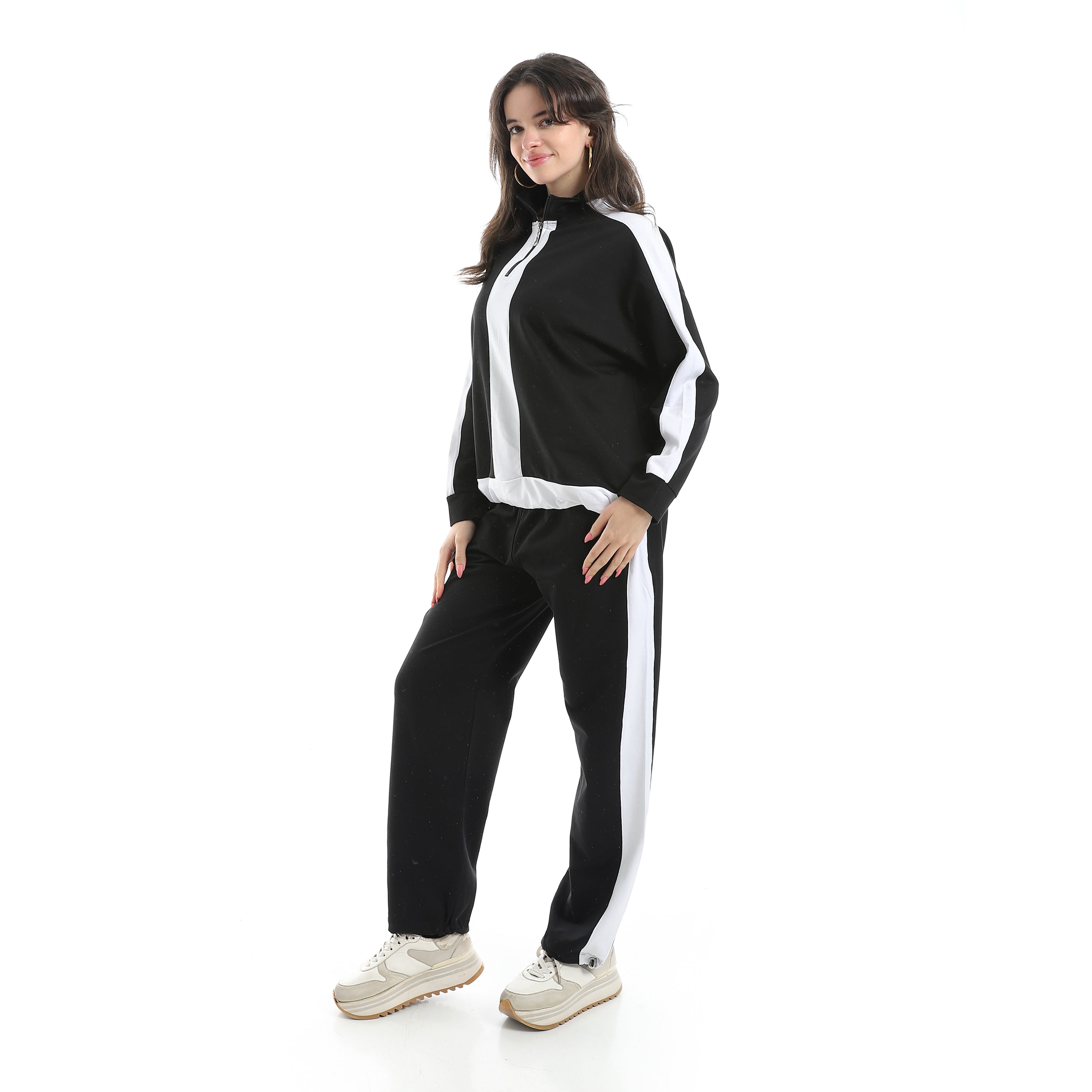 Women's Two-Tone Zip-Up Tracksuit – Black & White