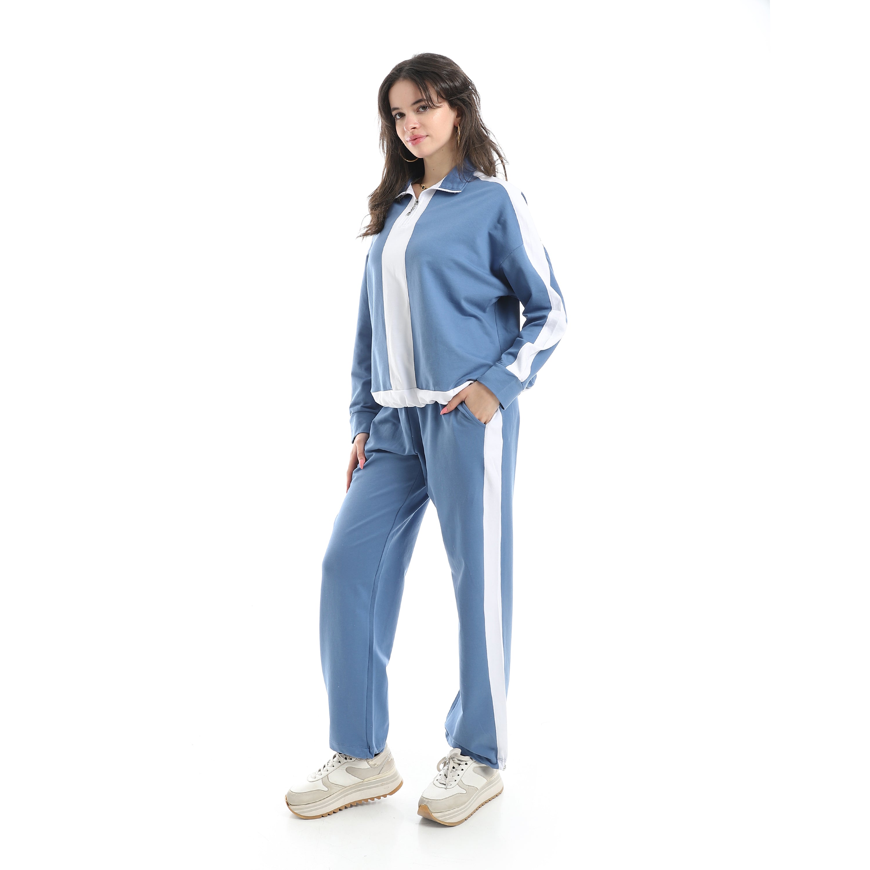 Women's Two-Tone Zip-Up Tracksuit –  Blue & White