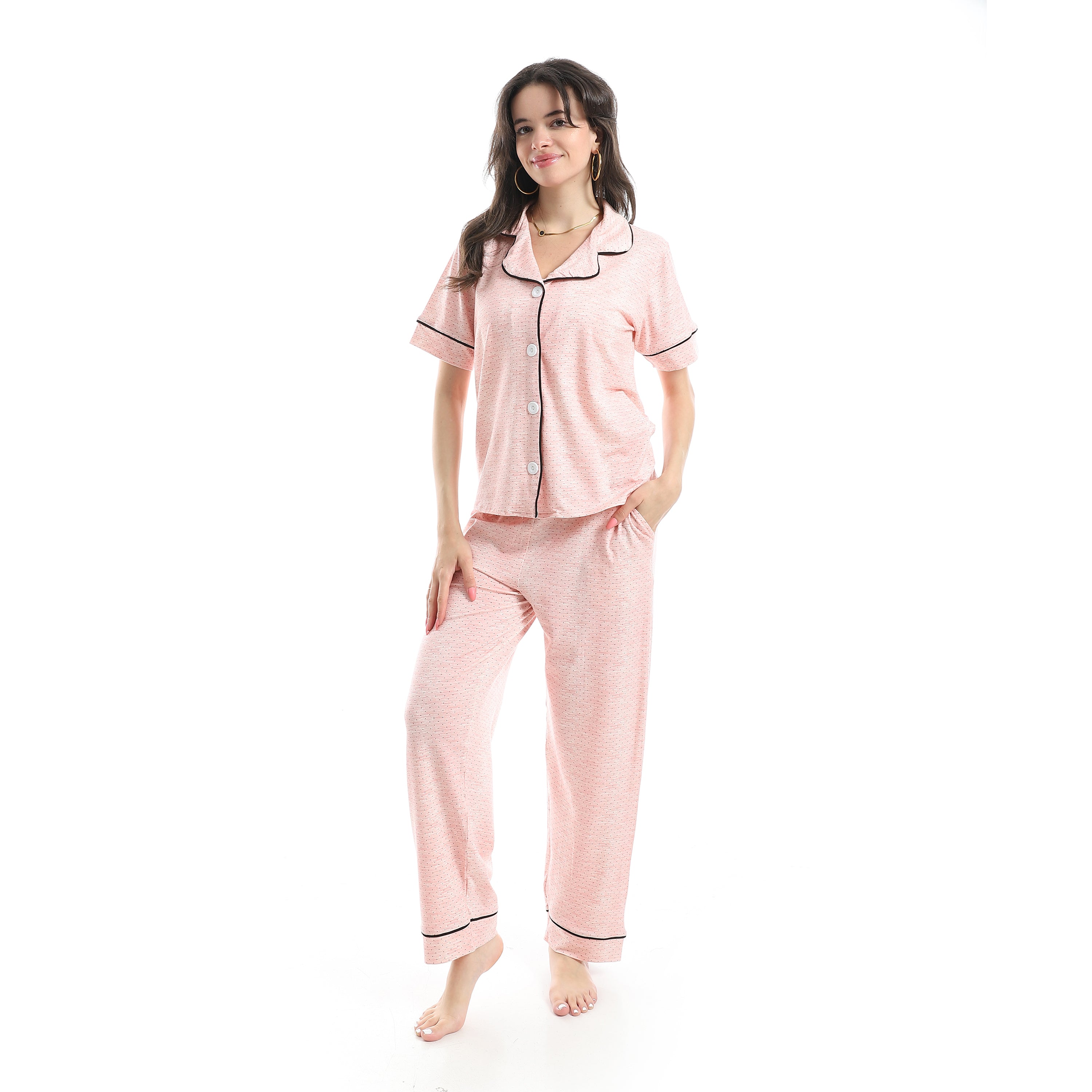 Women’s Pink Button-Down Pajama Set with Black Piping