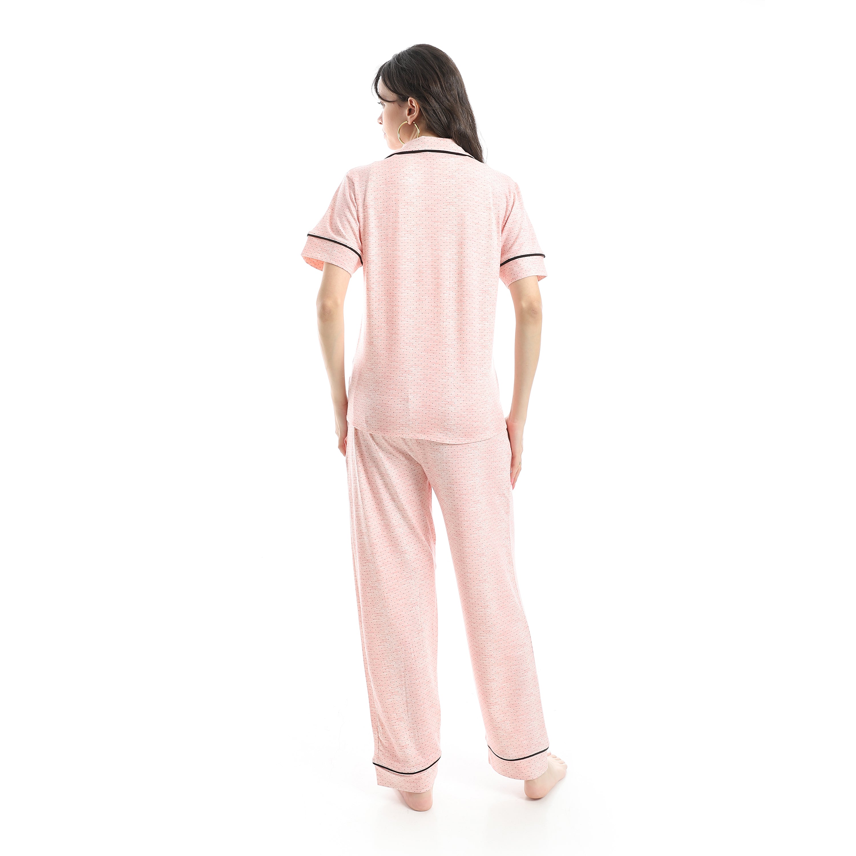 Women’s Pink Button-Down Pajama Set with Black Piping