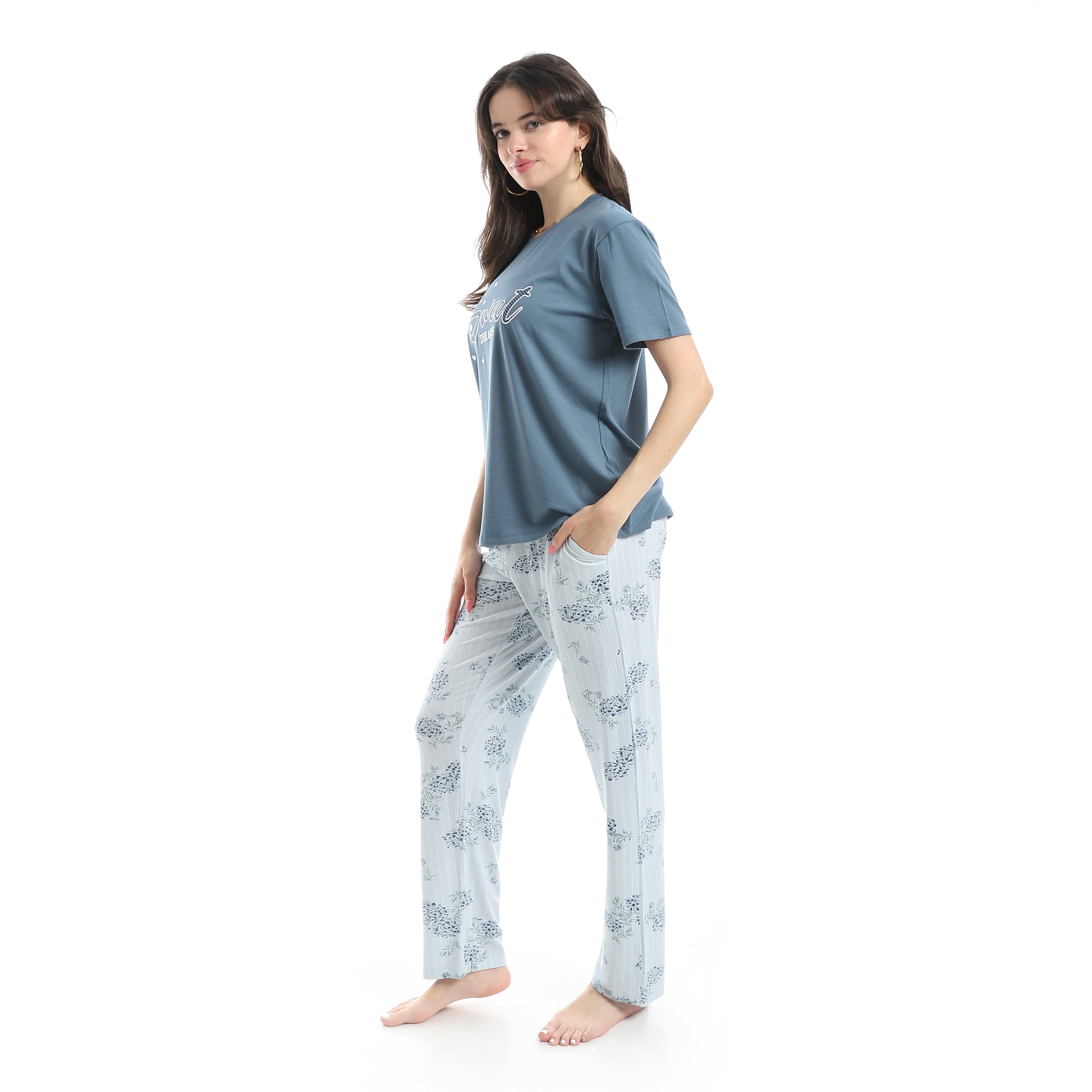 Women's Summer Pajama - Floral Pants - Indigo