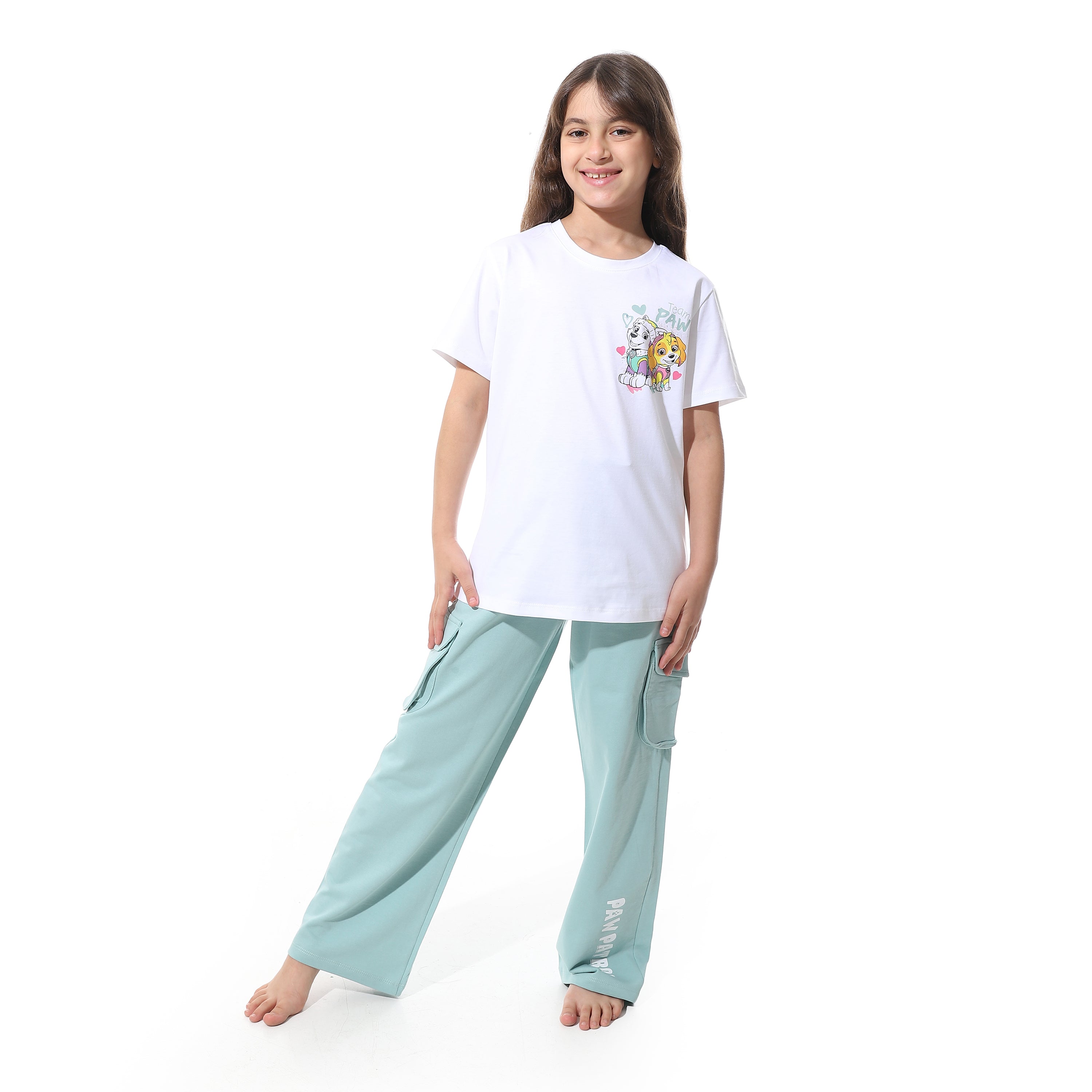 Girls' Cartoon Printed Pajama Sets with Back Print -White