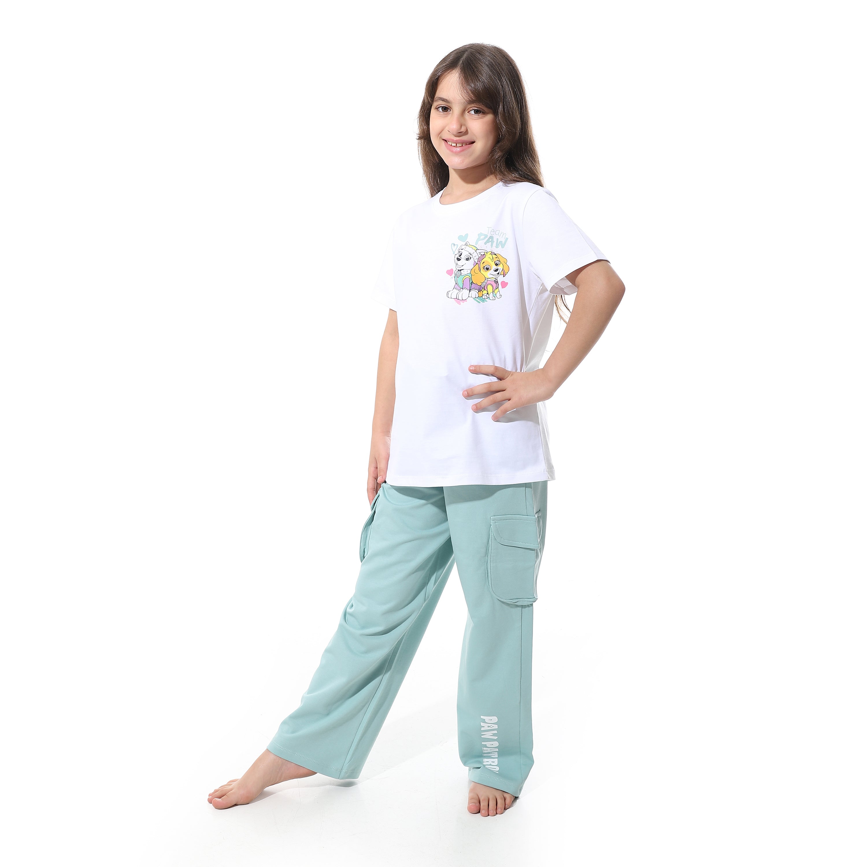 Girls' Cartoon Printed Pajama Sets with Back Print -White