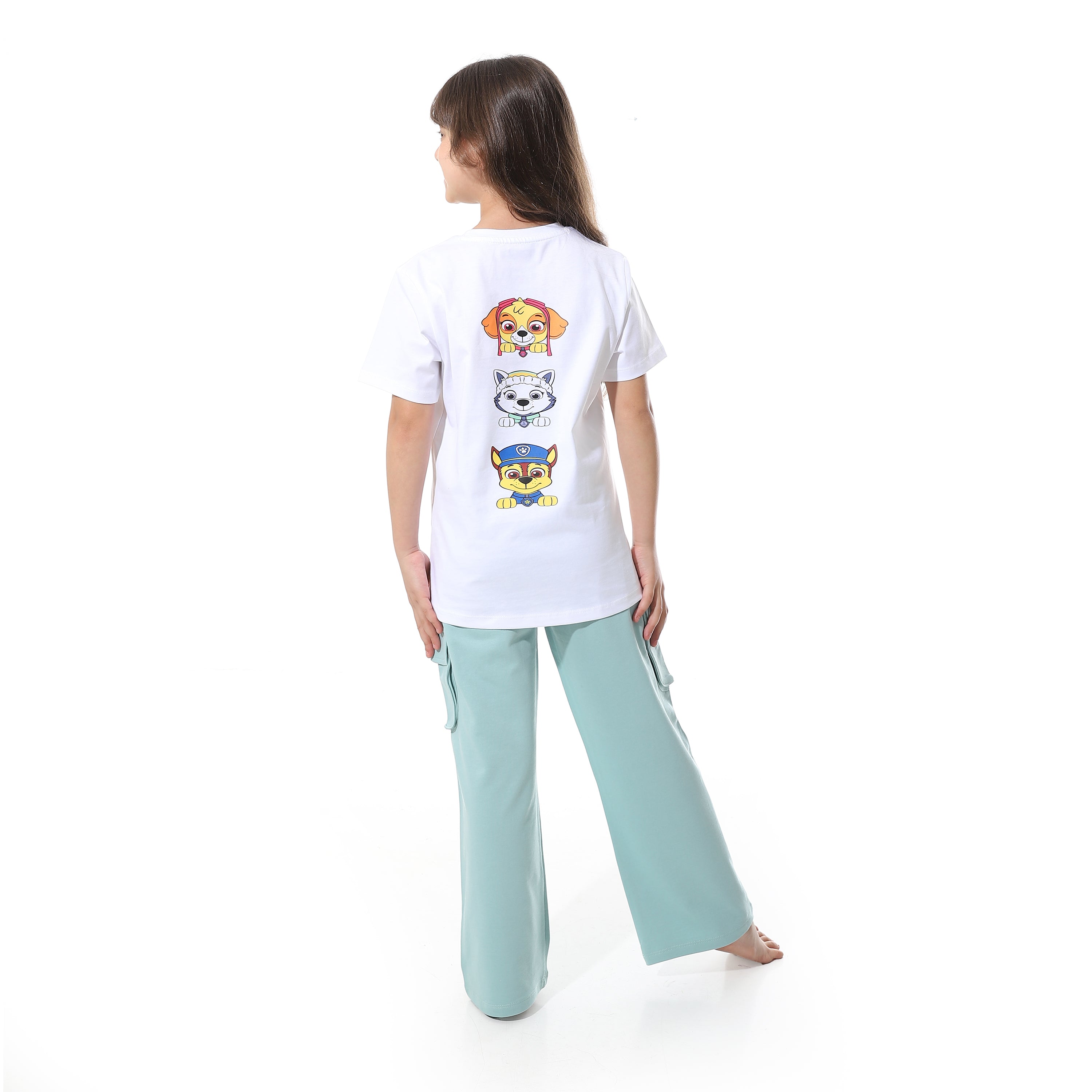 Girls' Cartoon Printed Pajama Sets with Back Print -White