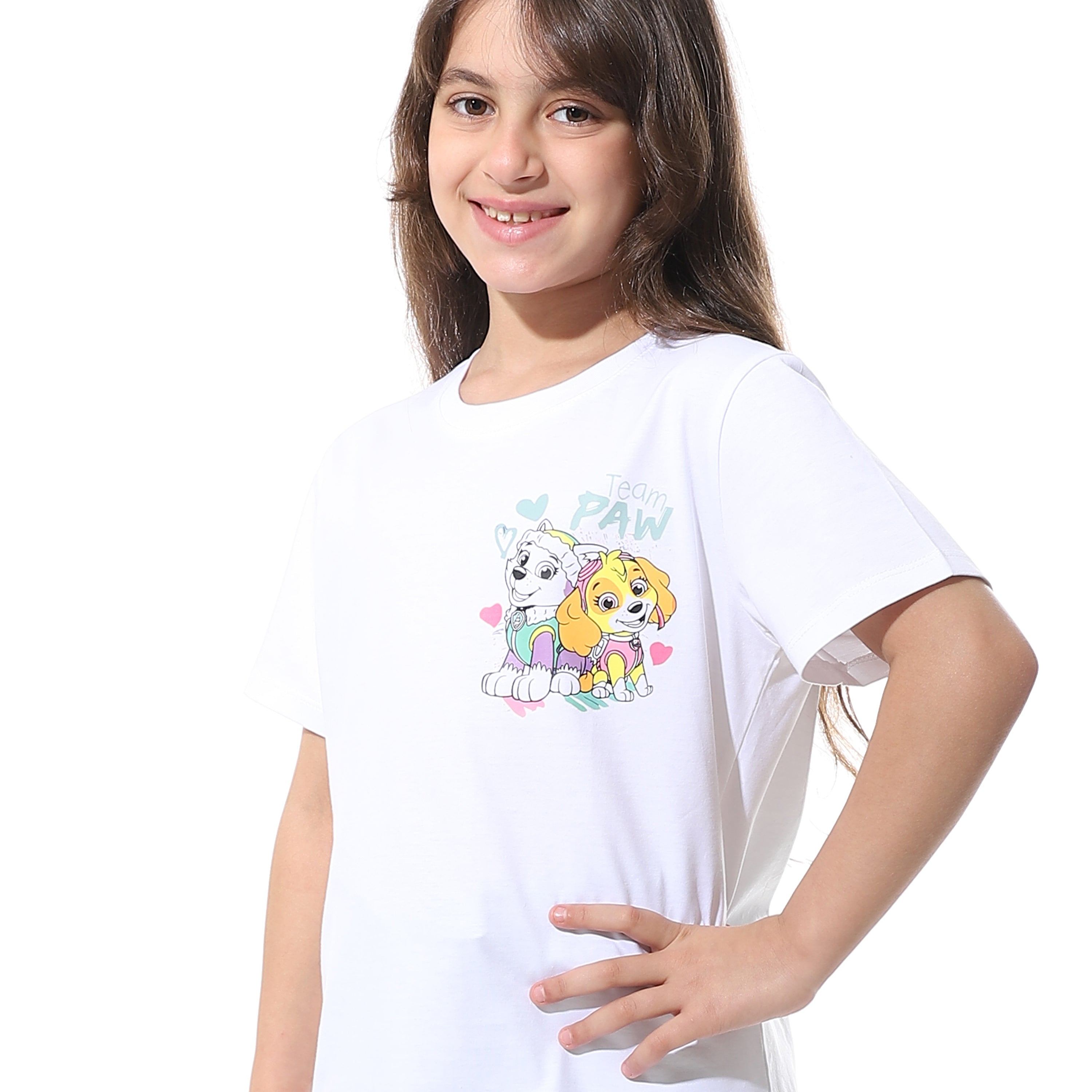 Girls' Cartoon Printed Pajama Sets with Back Print -White