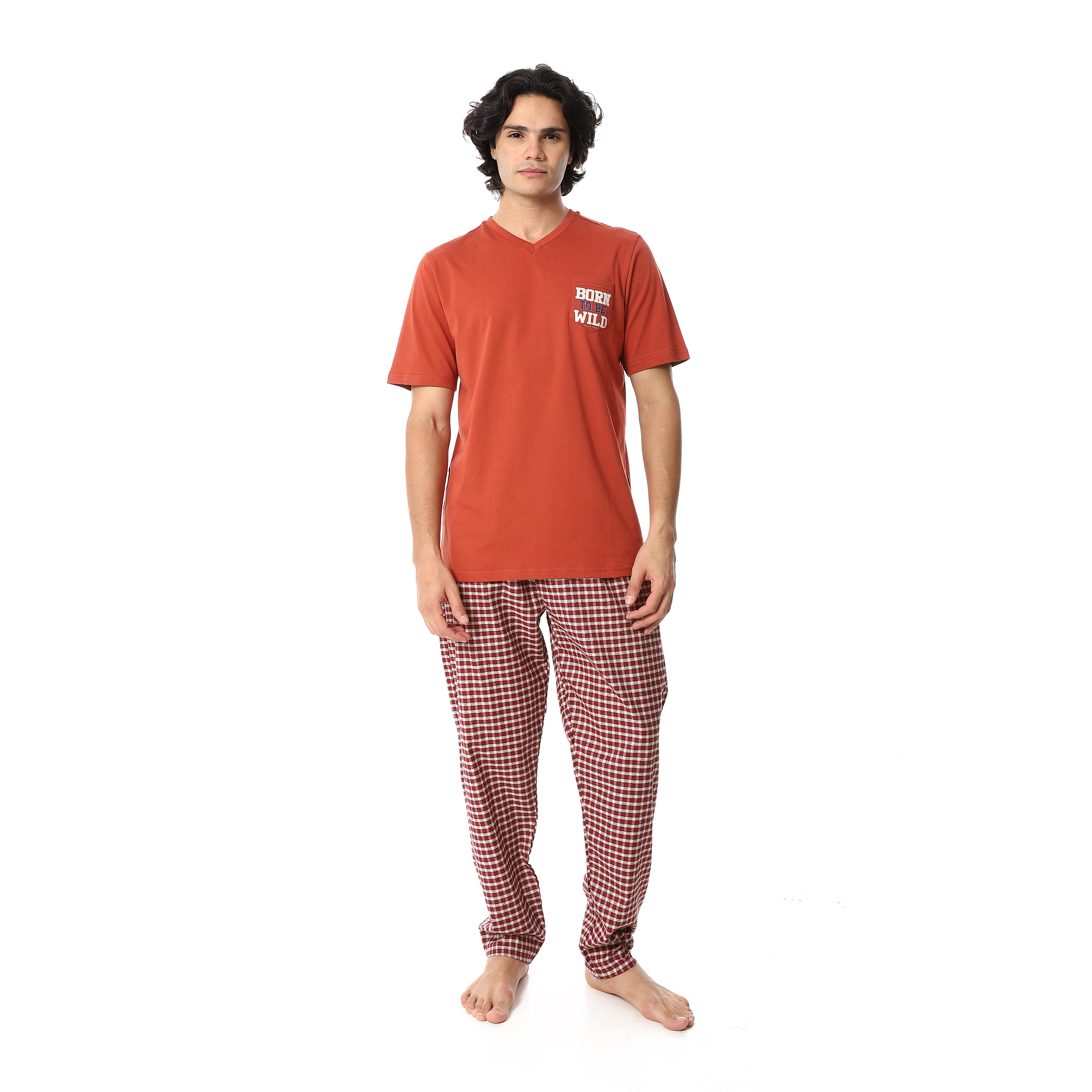 Men's Cotton Pajama Set – “Born Wild” V-Neck T-Shirt & Brown Checkered Pants