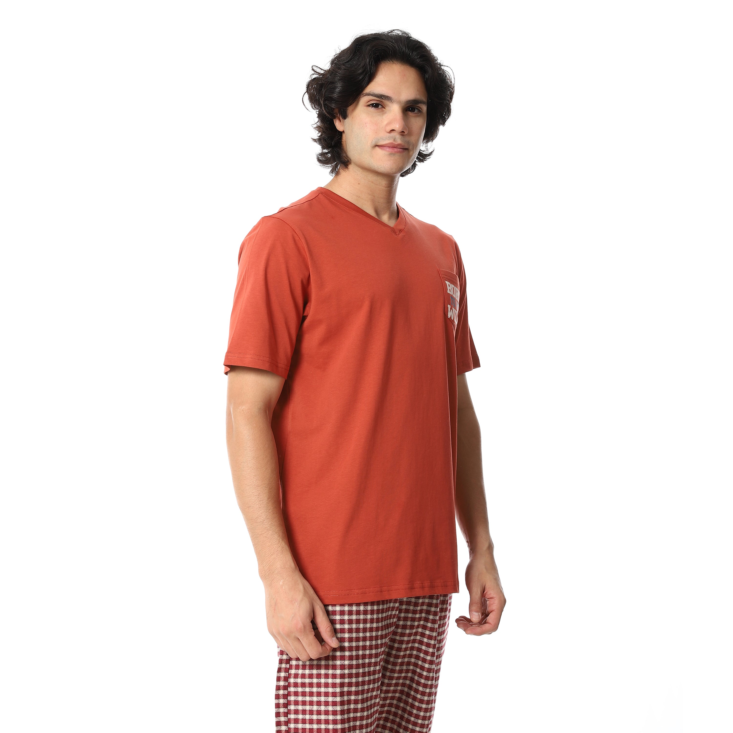 Men's Cotton Pajama Set – “Born Wild” V-Neck T-Shirt & Brown Checkered Pants