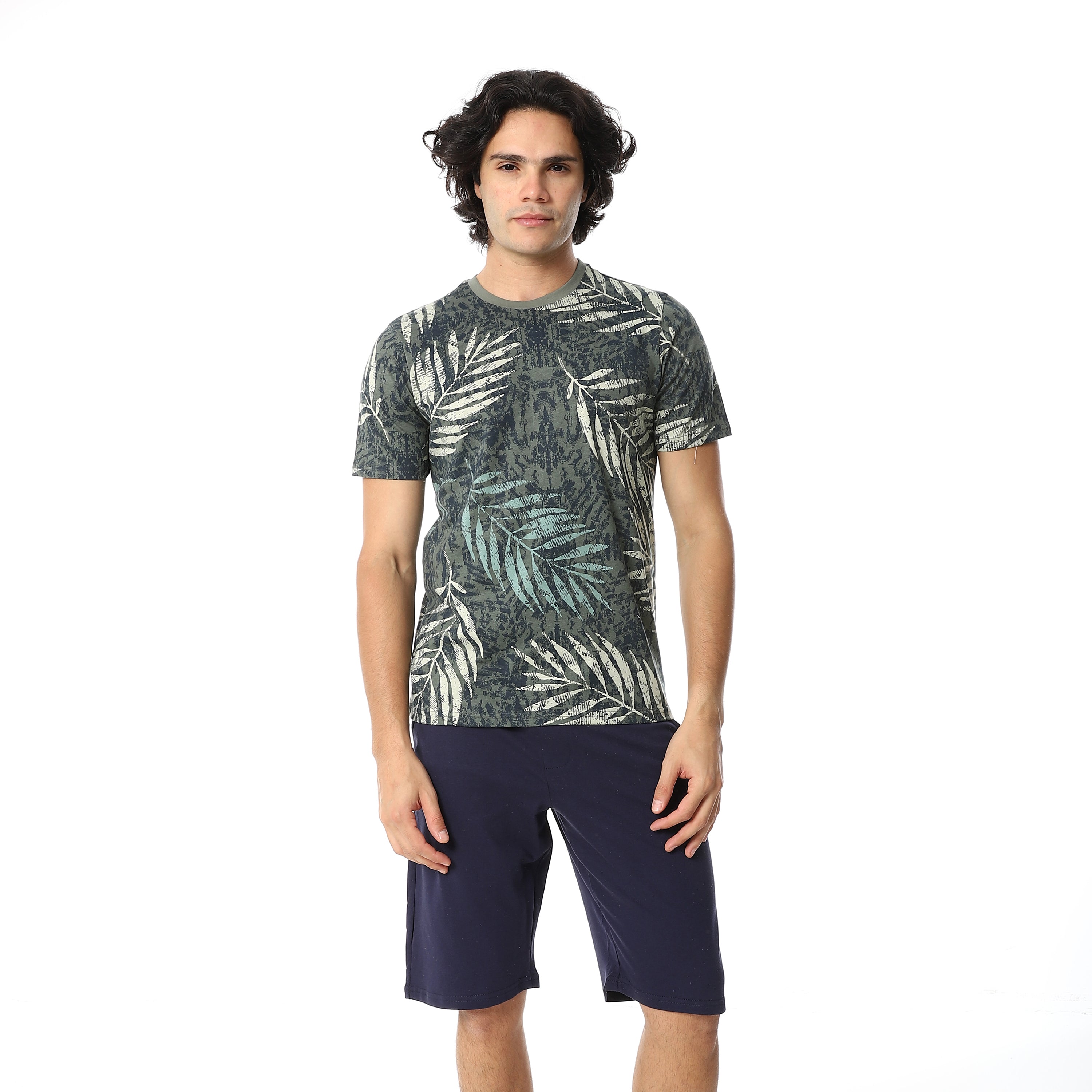Olive Palm Leaves Tee & Solid Navy Shorts Pajama Set