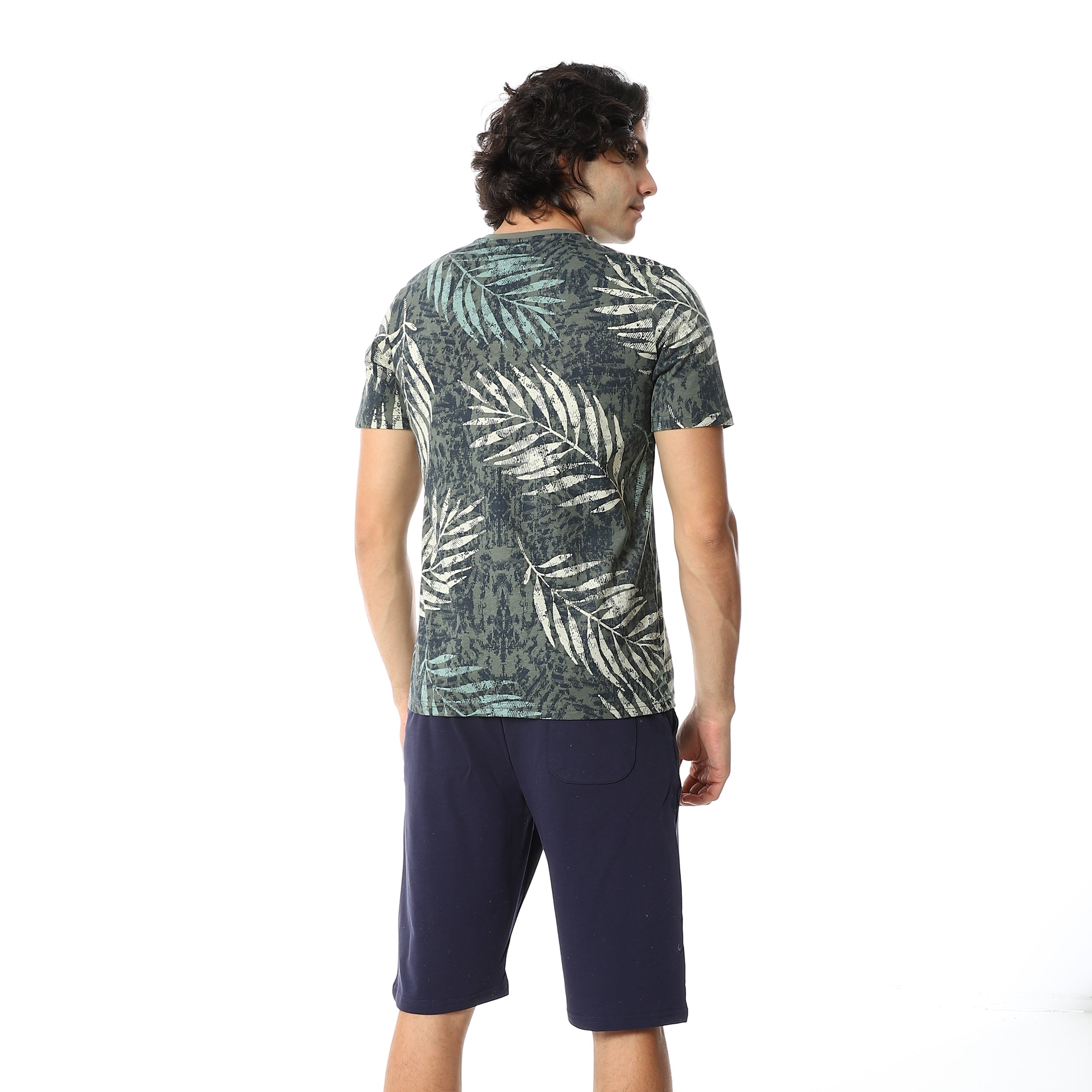 Olive Palm Leaves Tee & Solid Navy Shorts Pajama Set