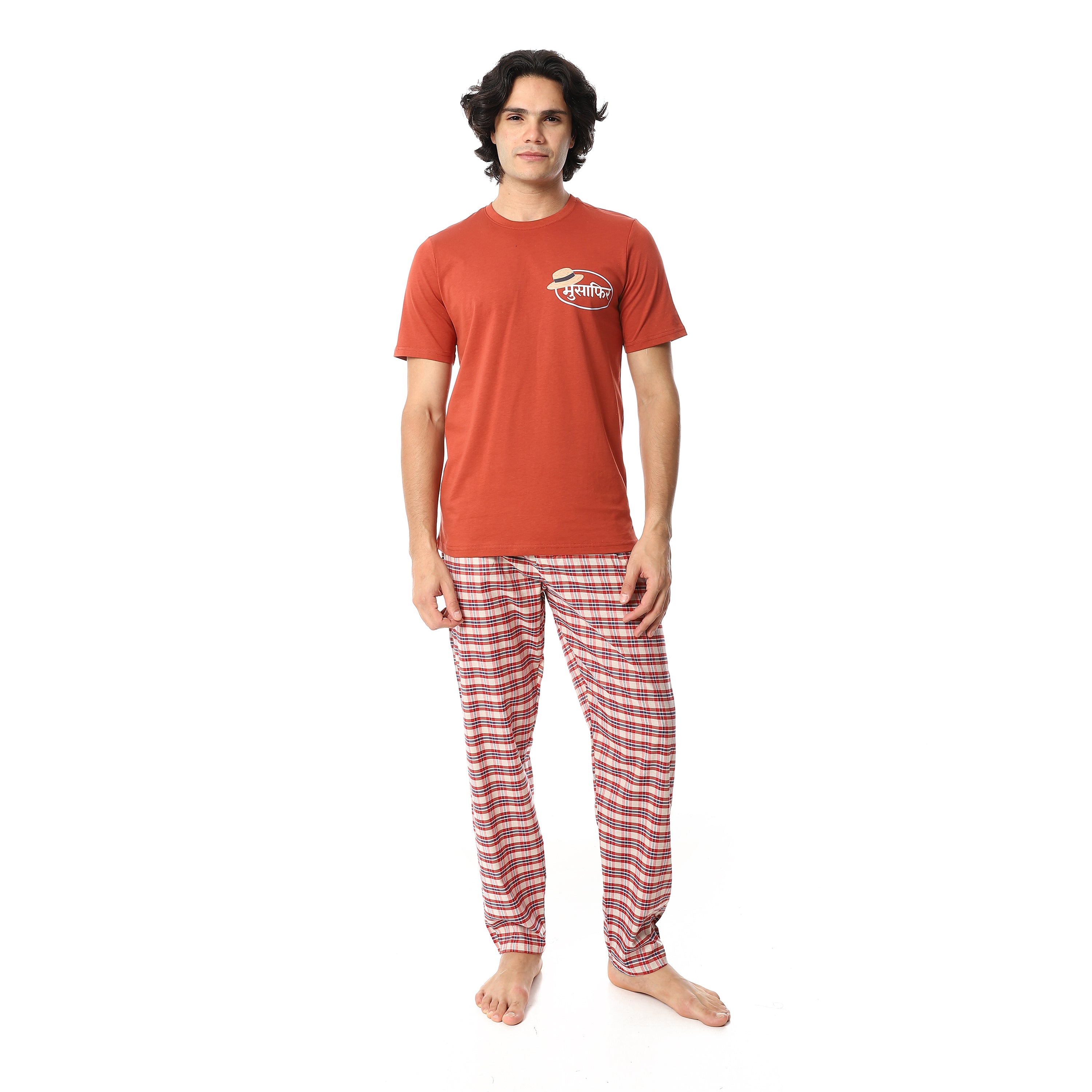 Men's Cotton Pajama Set – Orange Round neck T-Shirt & Red Checkered Pants