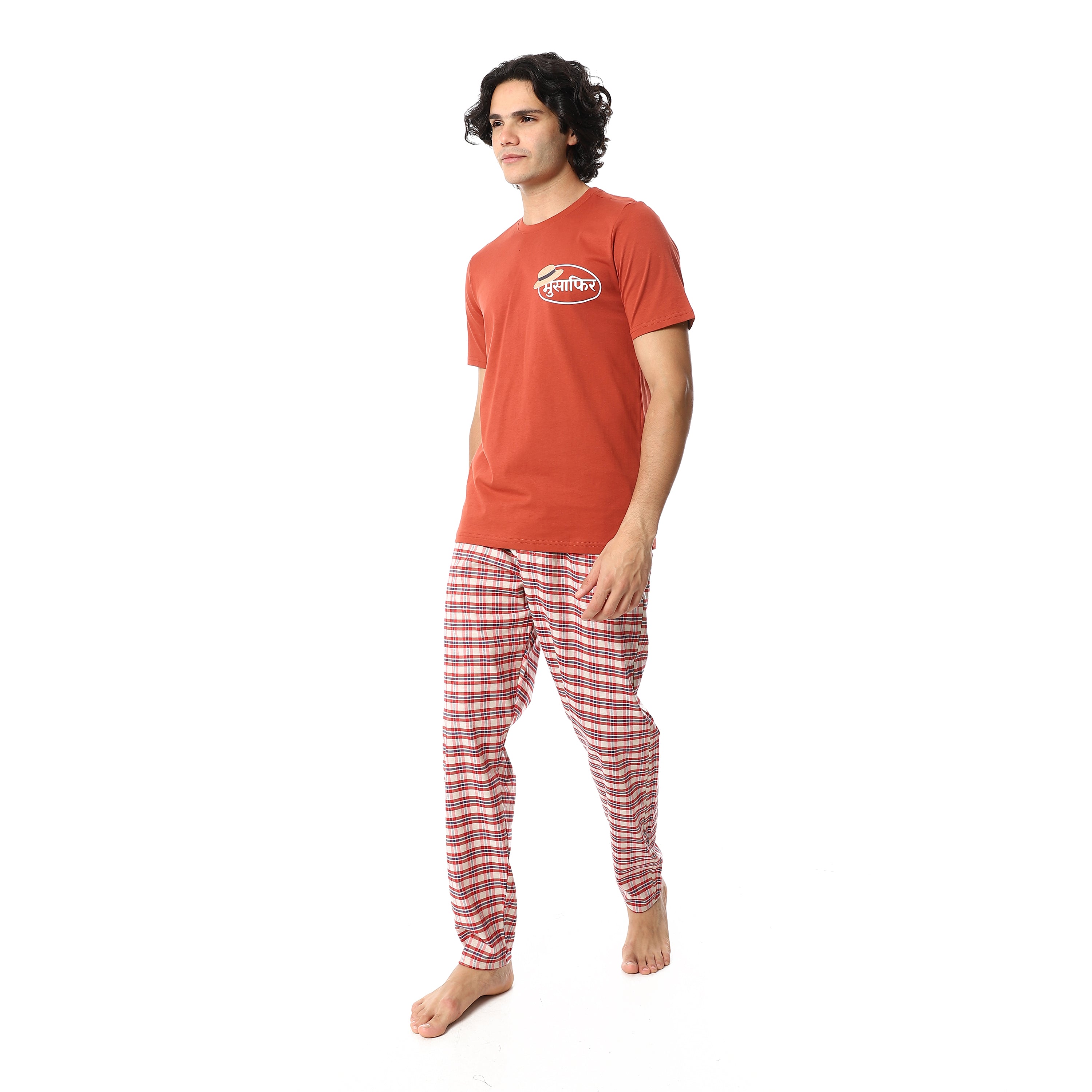 Men's Cotton Pajama Set – Orange Round neck T-Shirt & Red Checkered Pants