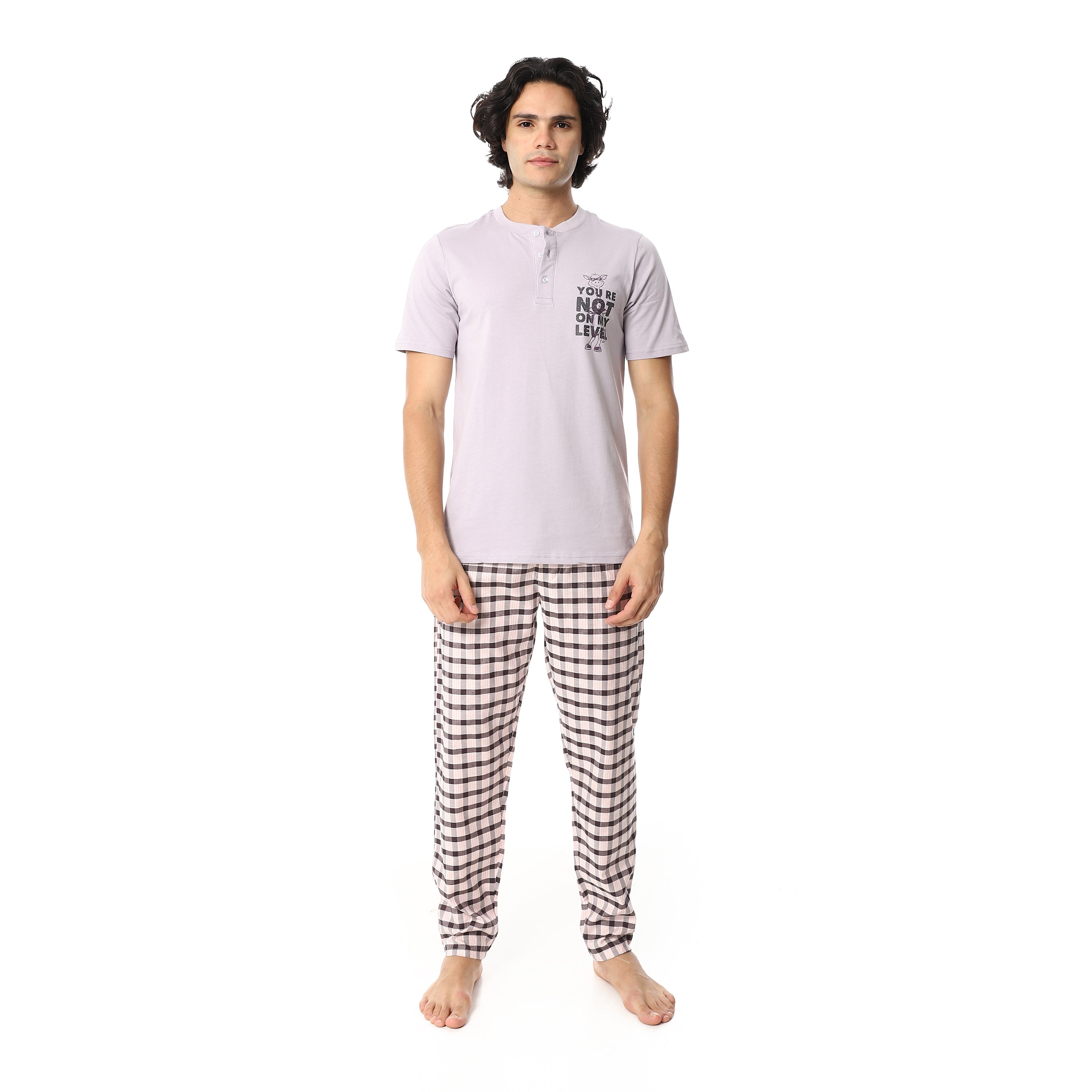 Men’s Cotton Pajama Set – Lavender Henley T-Shirt with Black & White Checkered Pants