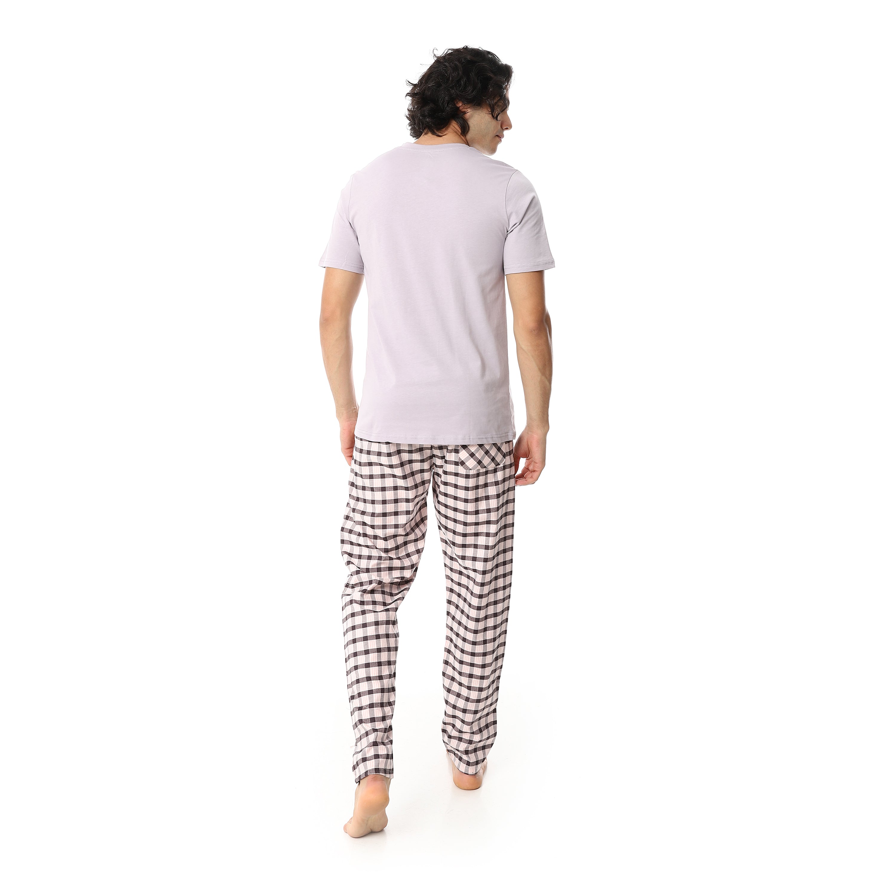 Men’s Cotton Pajama Set – Lavender Henley T-Shirt with Black & White Checkered Pants