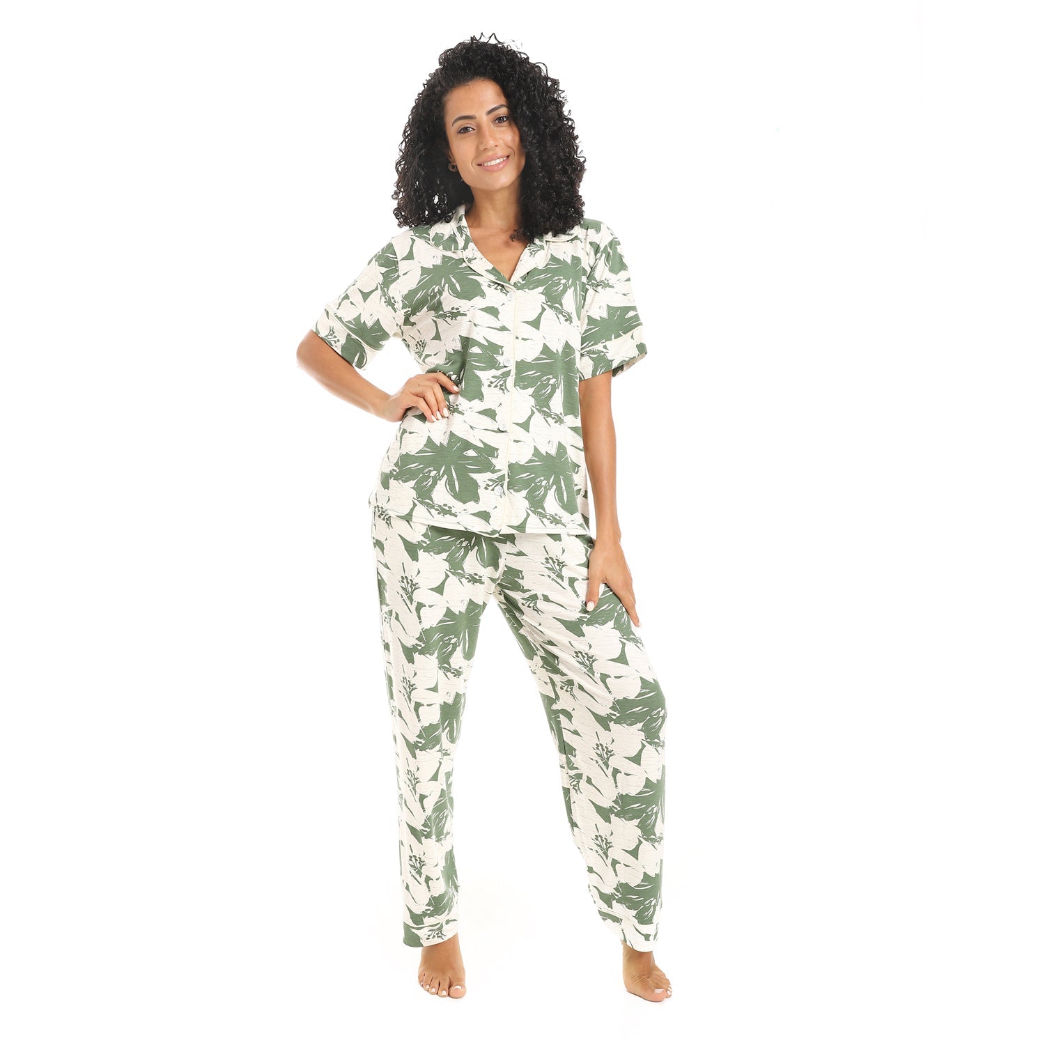 Classic Women’s Leaf Print Pajama Set – Soft Cotton Loungewear