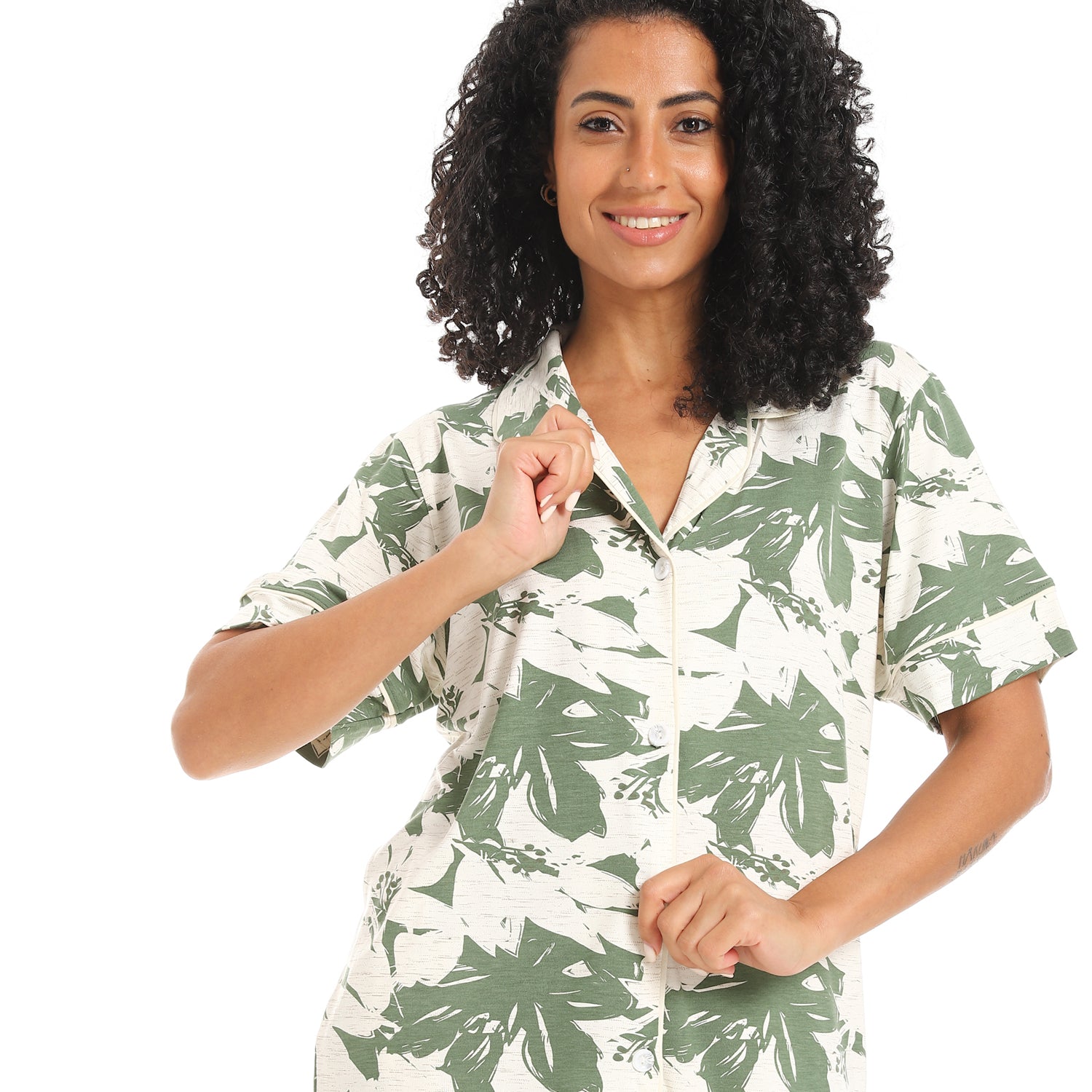 Classic Women’s Leaf Print Pajama Set – Soft Cotton Loungewear