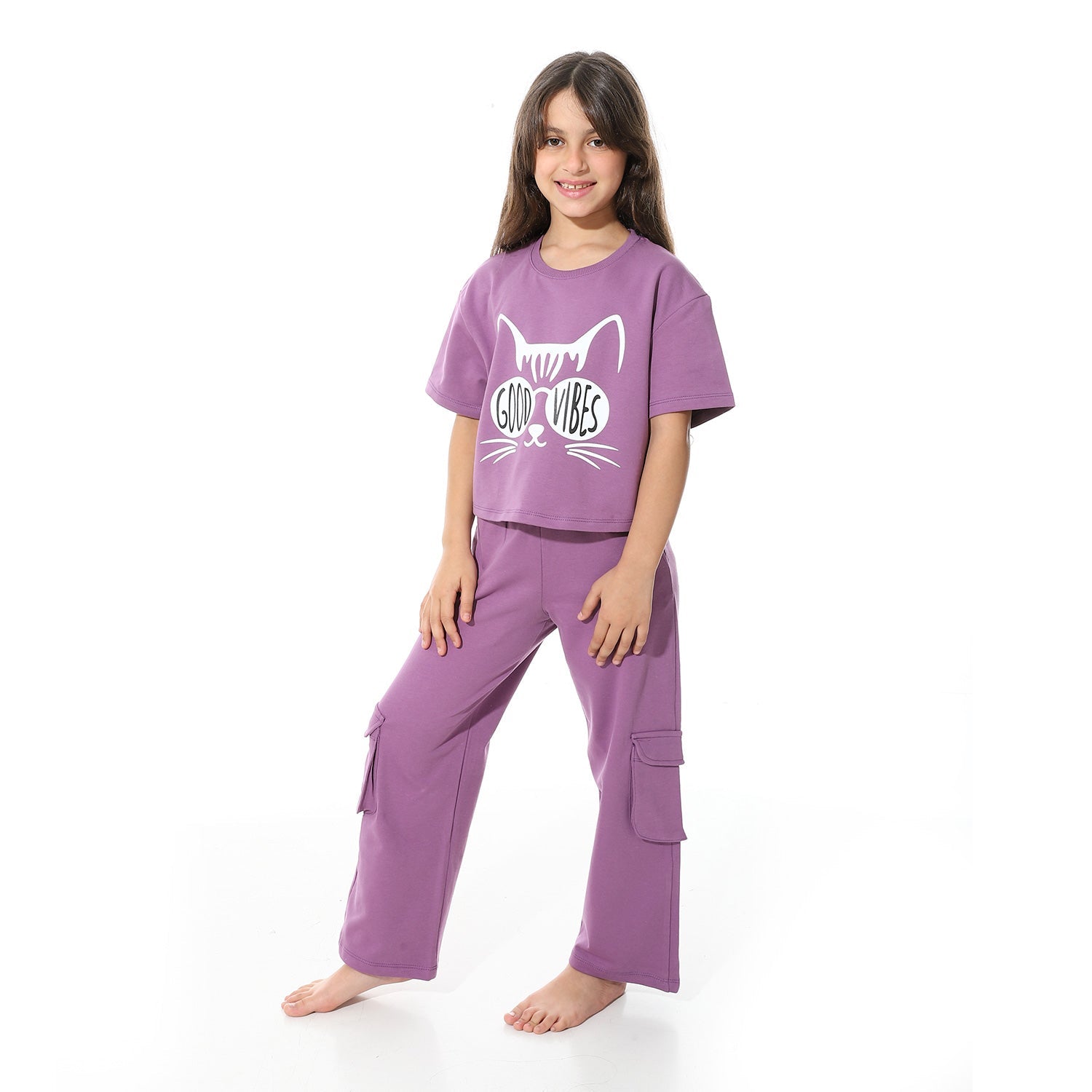Girls' Purple Crop Top & Wide Leg Pants Set