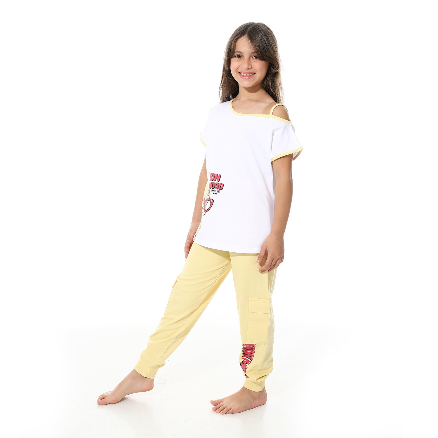 Girls’ Tweety Cartoon Pajama Set – White and Yellow
