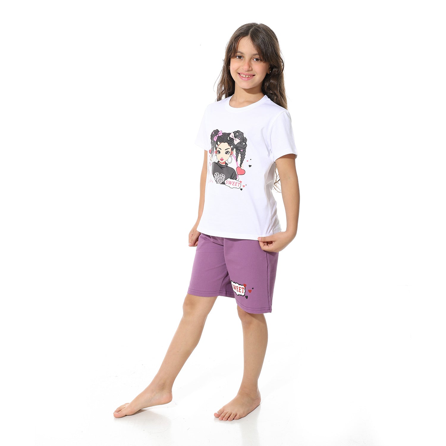 Girls’ Purple "Sweet" Printed Short Pajama  Set